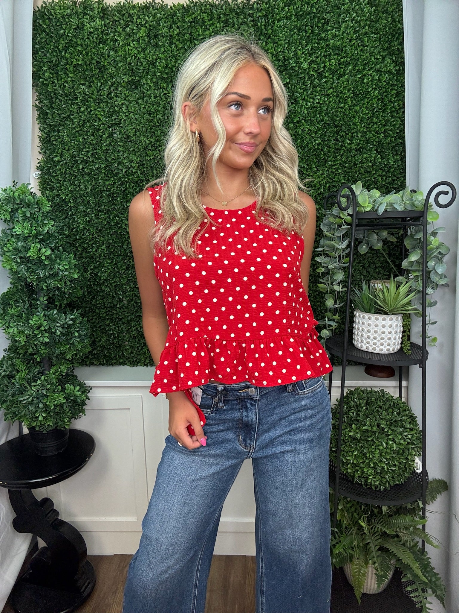 Red Polka Dot Ruffle Peplum Top