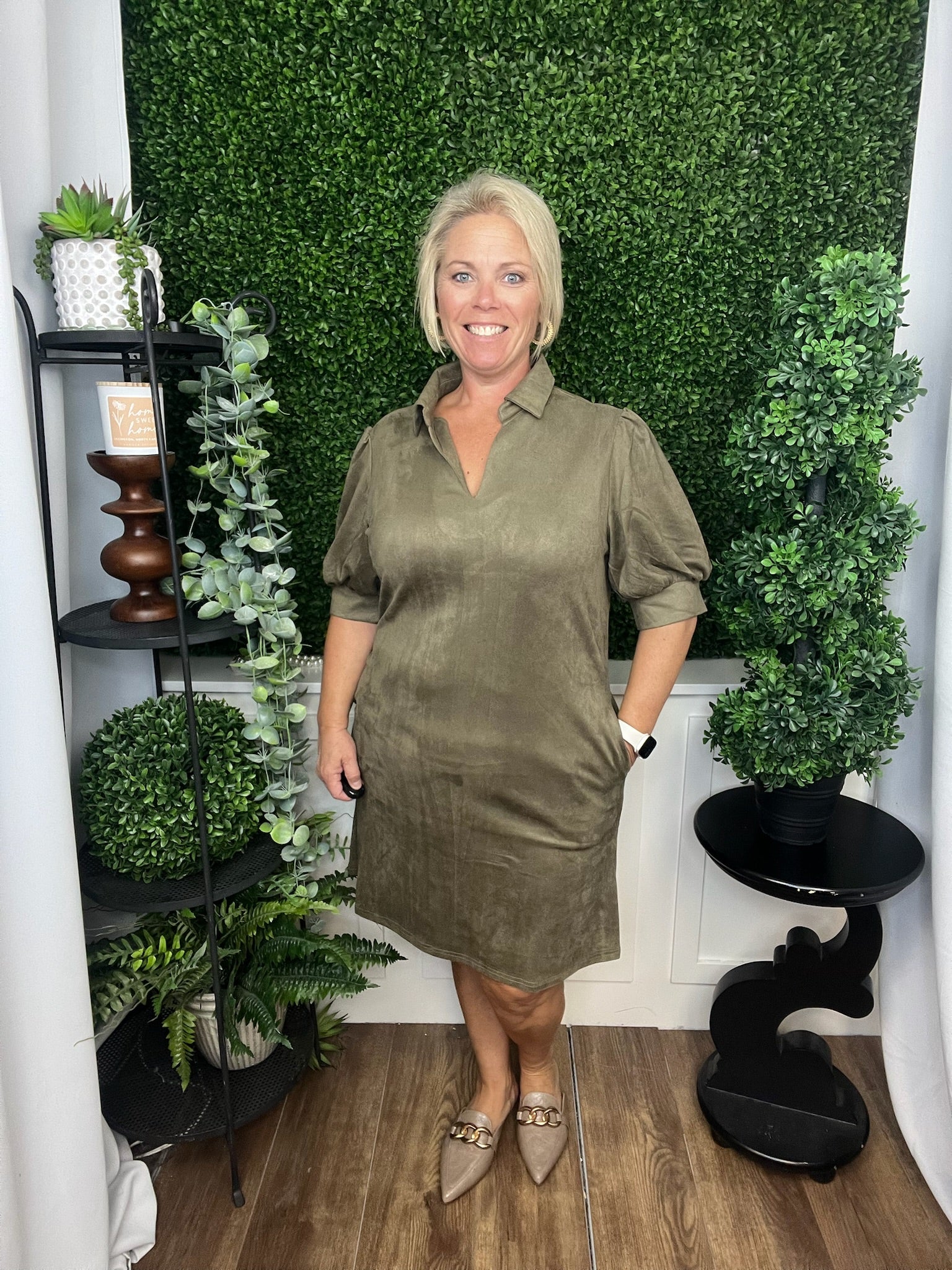 BUBBLE SLEEVE PLAID DRESS - OLIVE