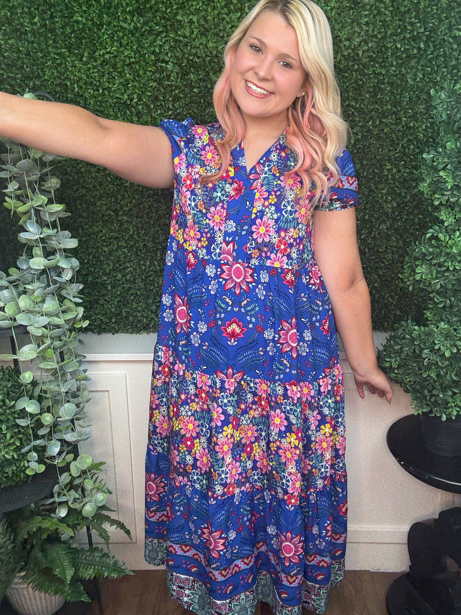 MIXED PRINT TIERED MIDI DRESS - COBALT MIX