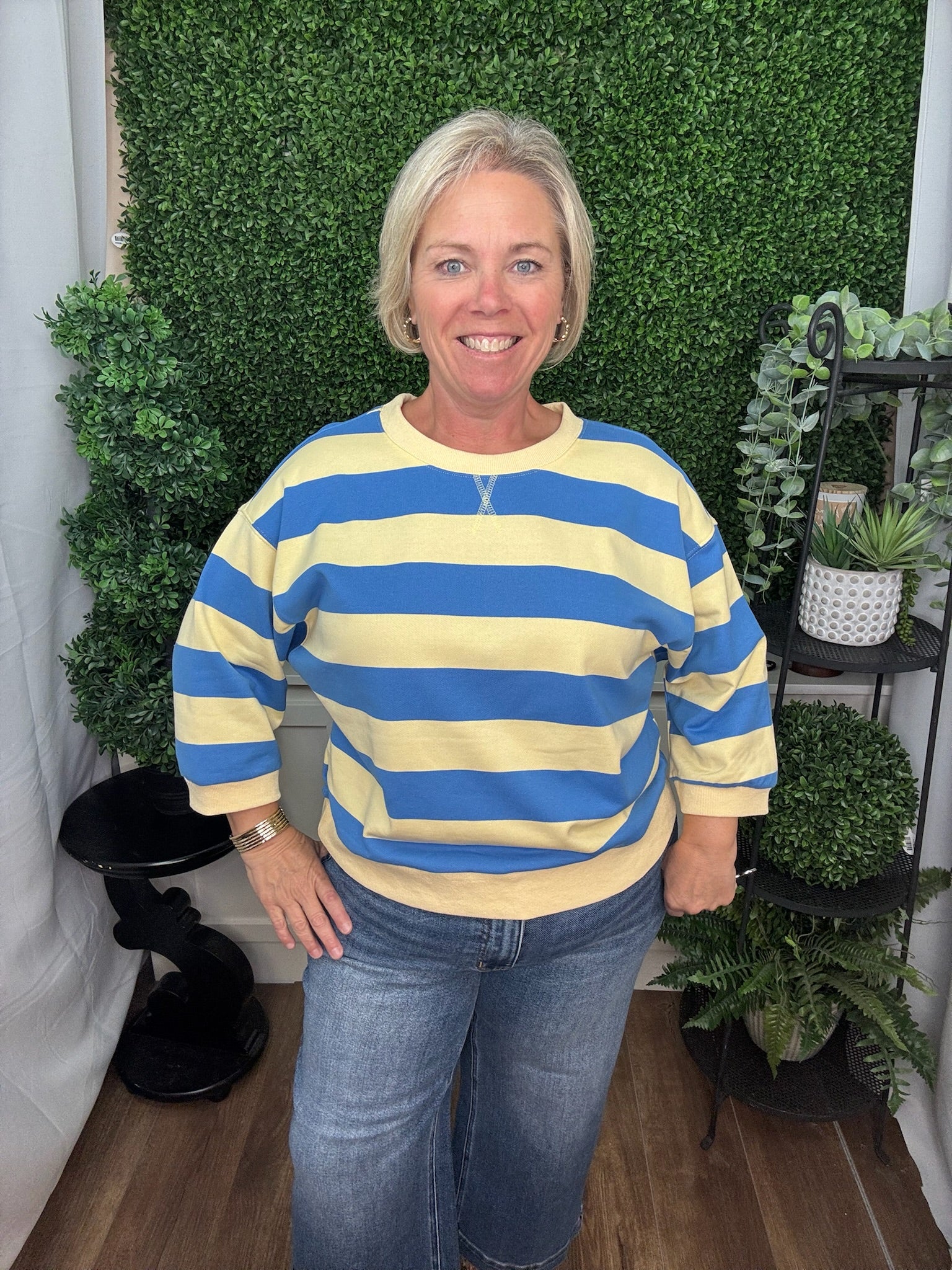 Blue and Yellow Striped Cropped Sweatshirt