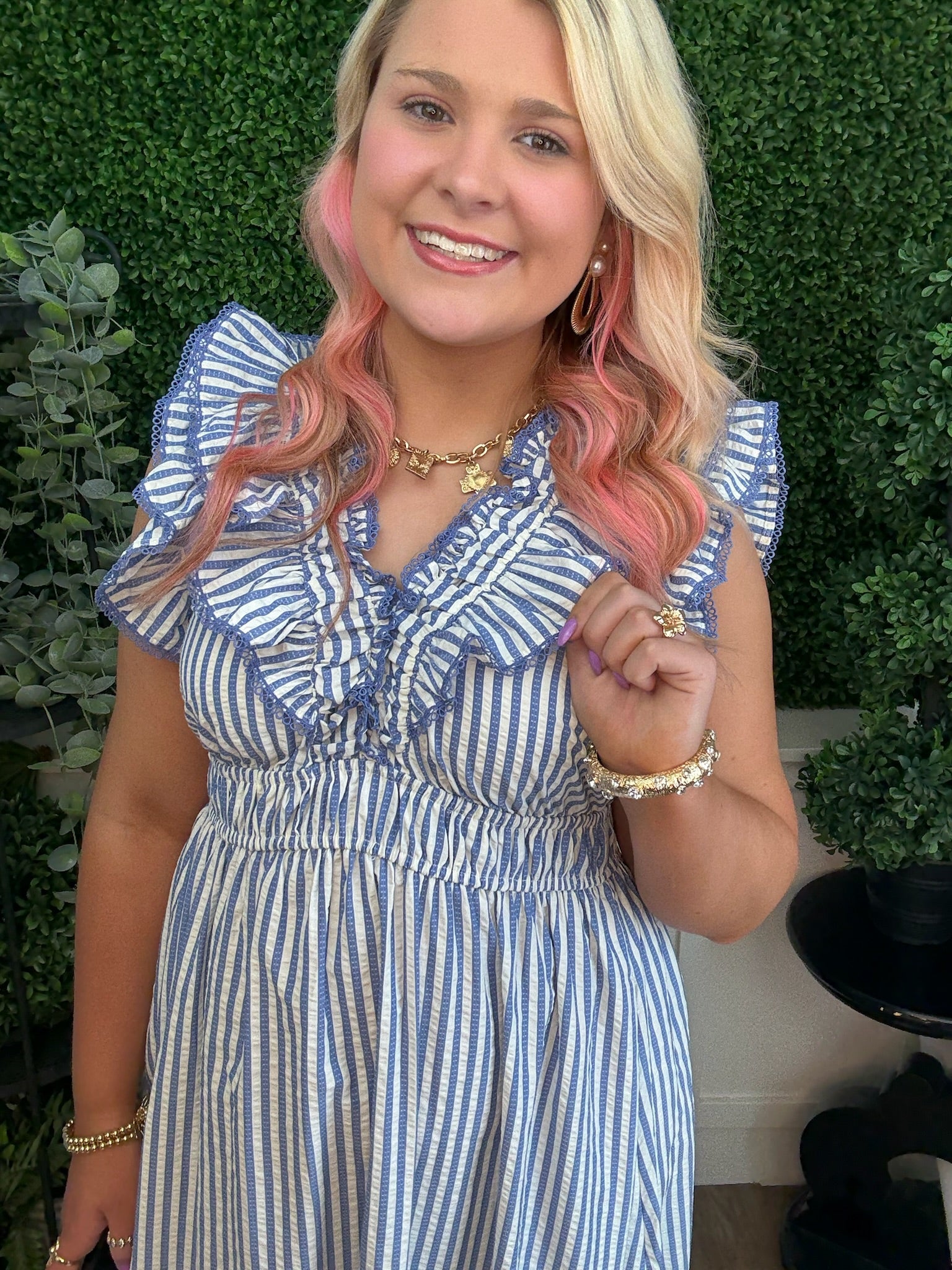 RUFFLE TRIMMED STRIPED MIDI DRESS