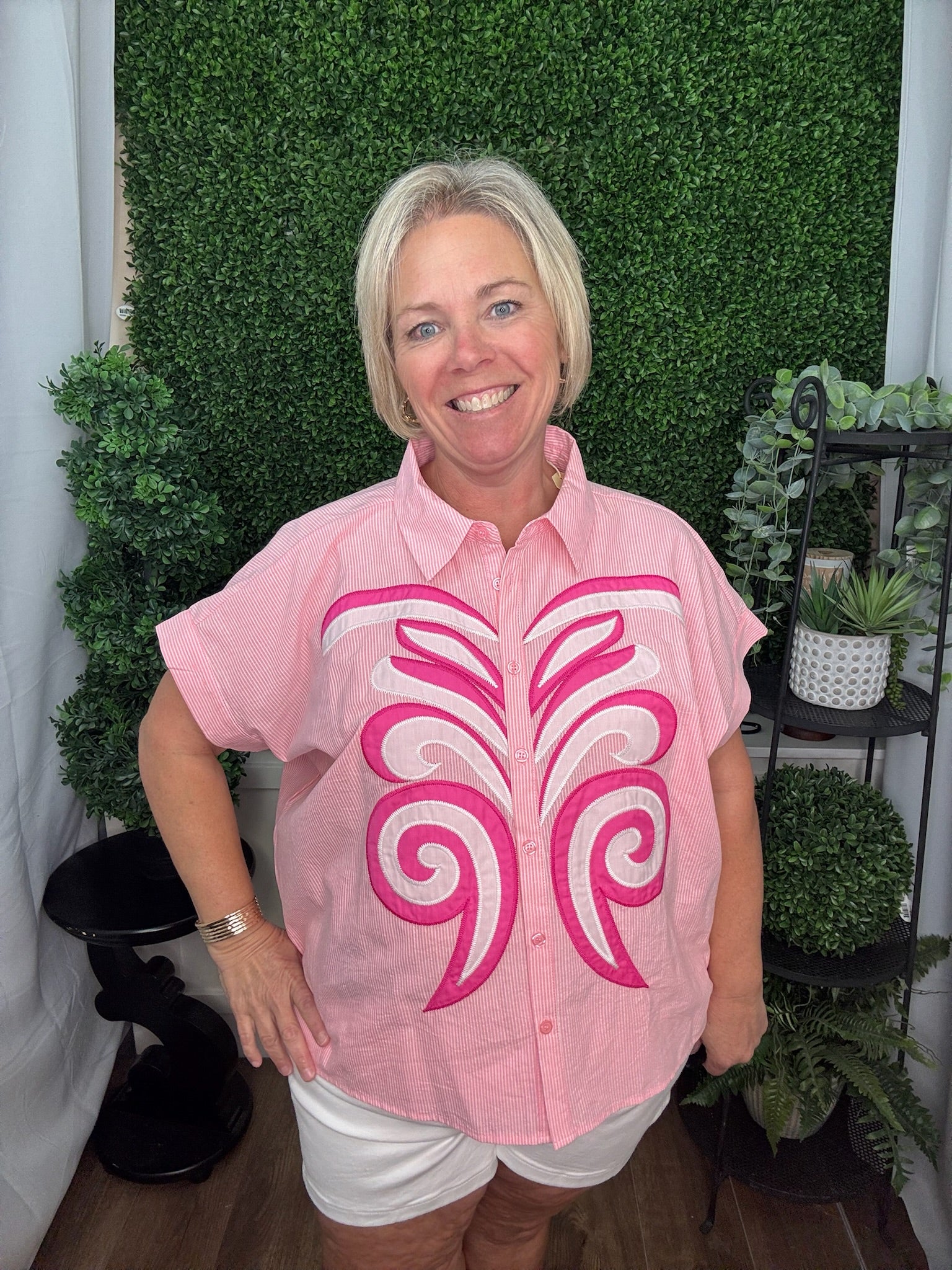 Applique Accent Button Down Stripe Top - Pink