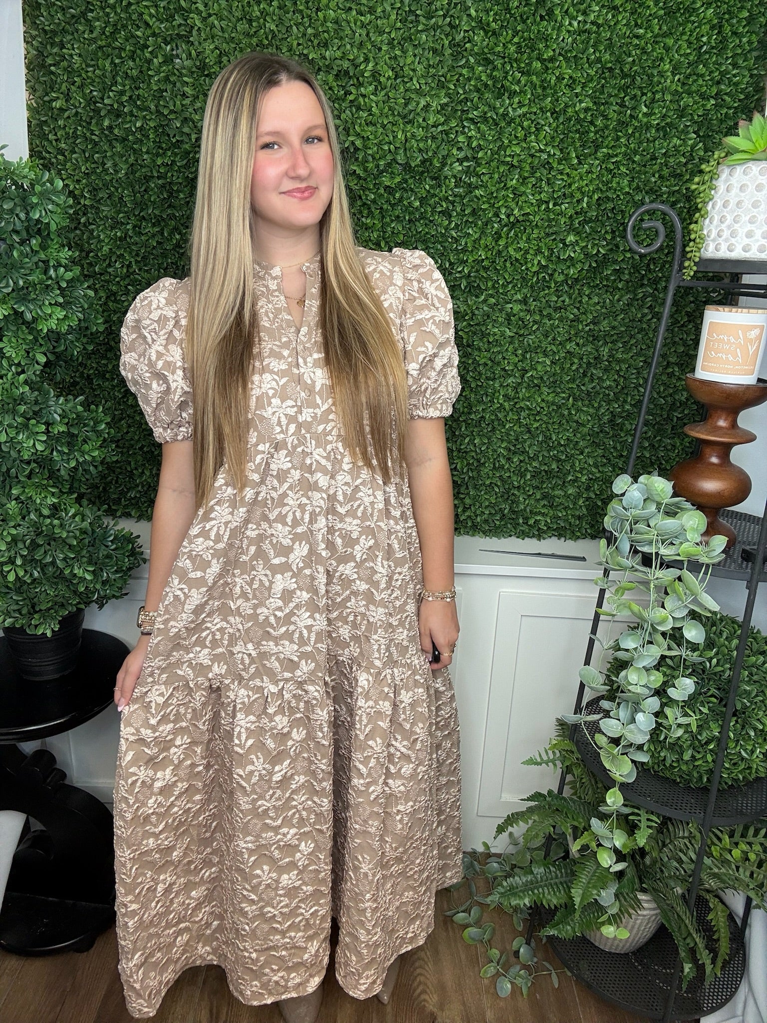 PUFF SLV MIDI DRESS - CHAMPAGNE