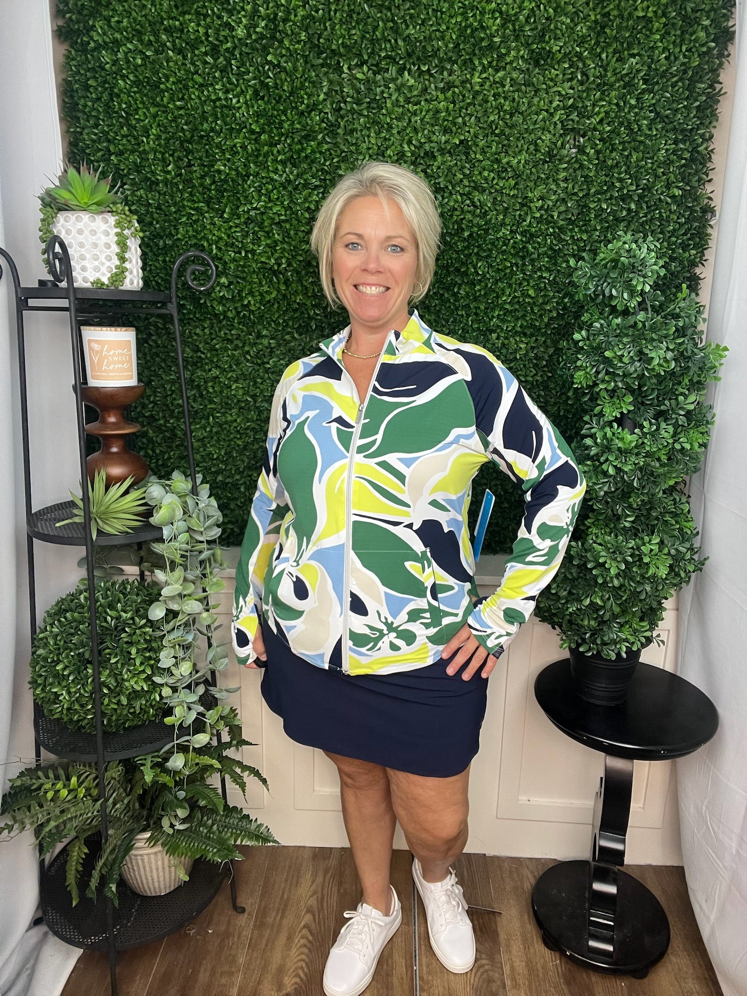 LS MOCK NECK CARDIGAN - FLORAL LIME