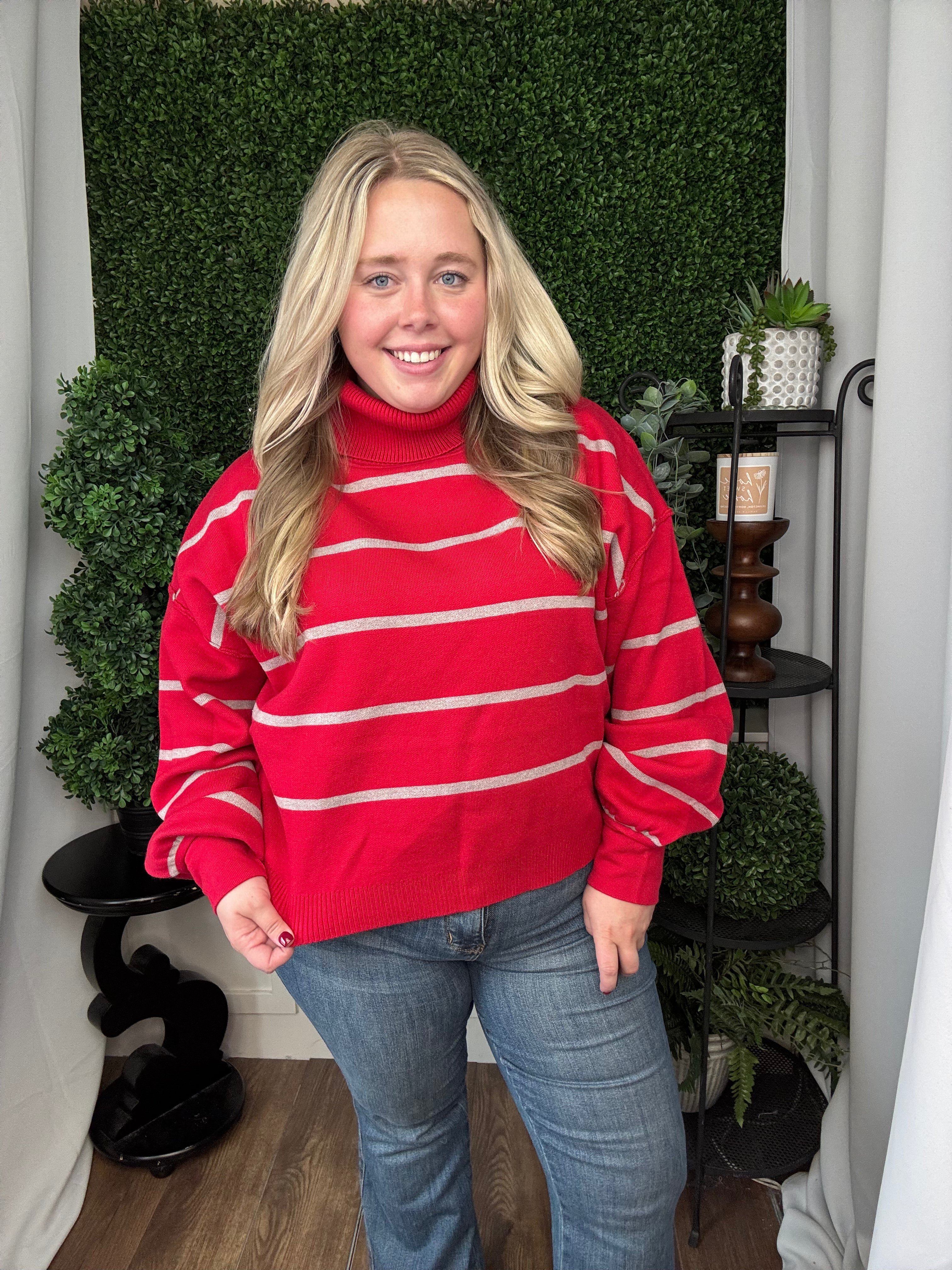 MOCK NECK OVERSIZED STRIPE SWEATER - CRIMSON