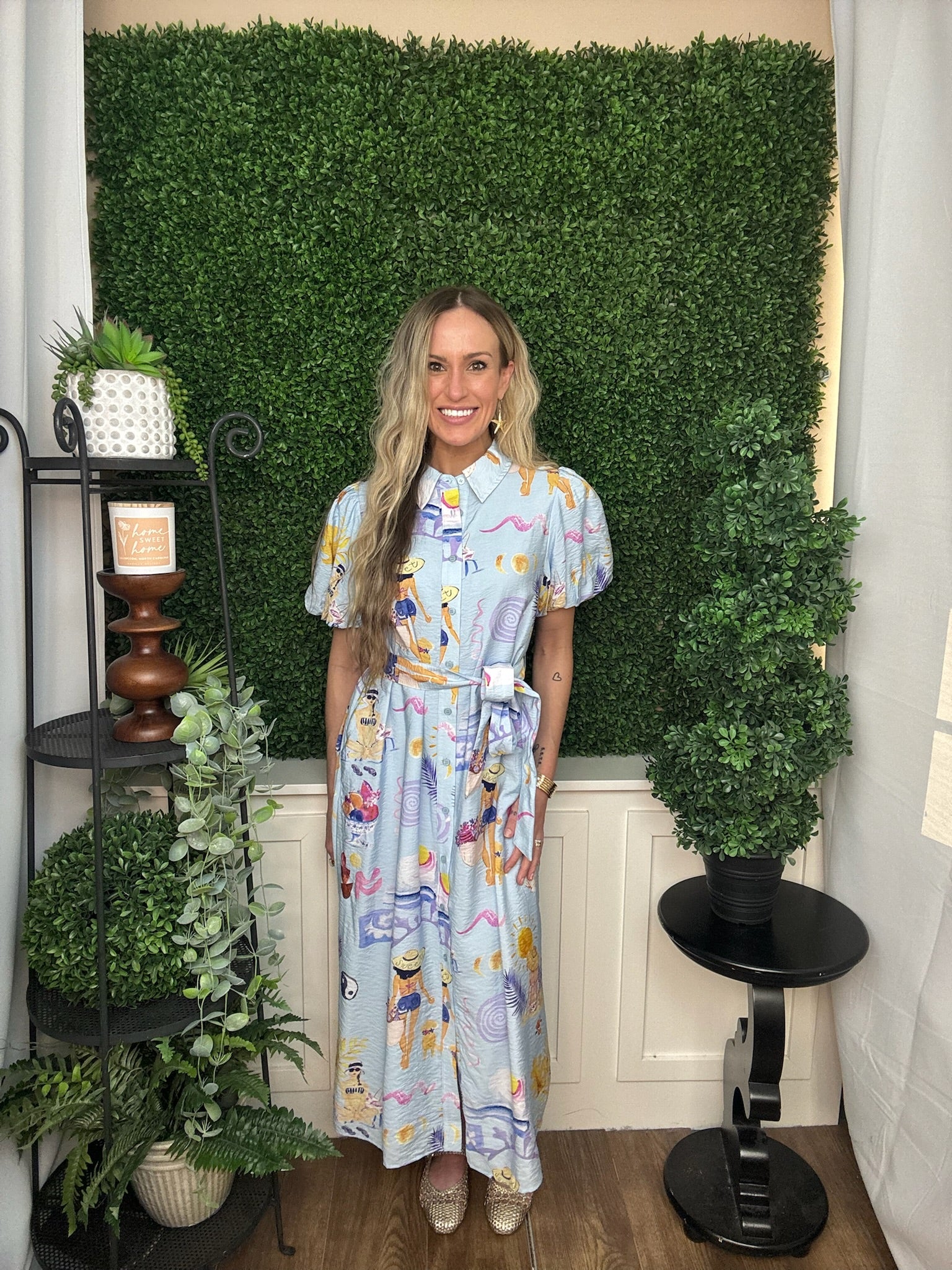 BUTTON DOWN SUMMER BEACH PRINT MIDI DRESS - BLUE