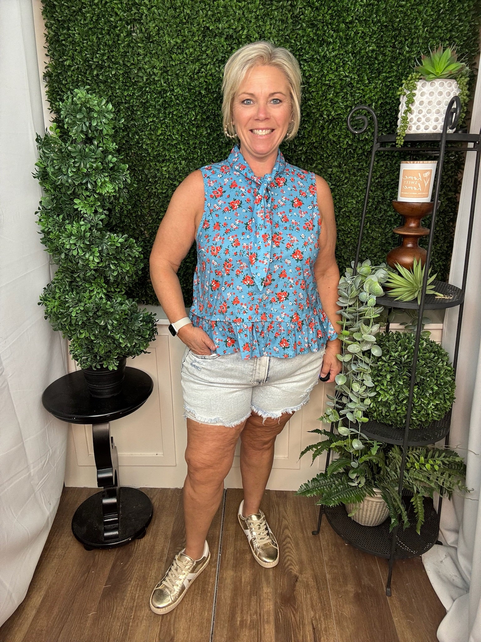 Blue Floral Sleeveless Top