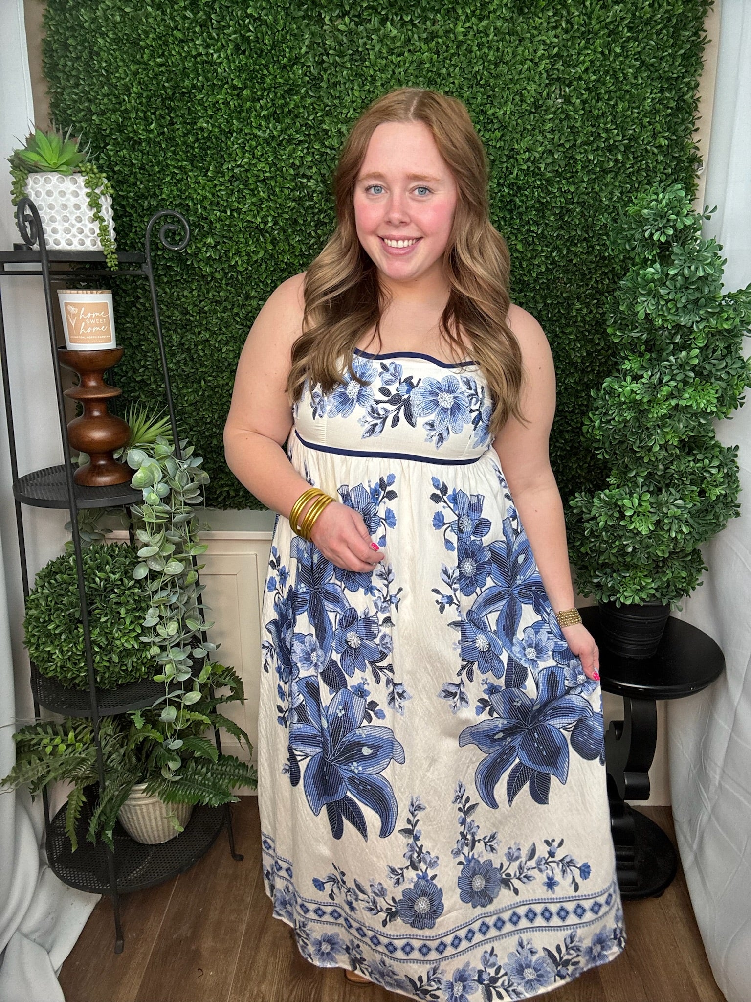 Blue Garden Scallop Trim Midi Dress