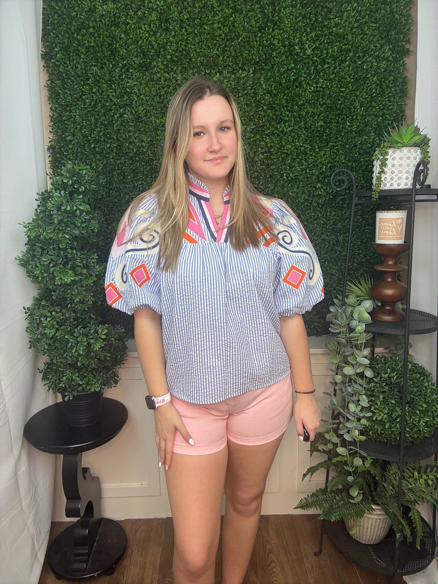 PUFF SLEEVE EMBROIDERY TEXTURED TOP - BLUE