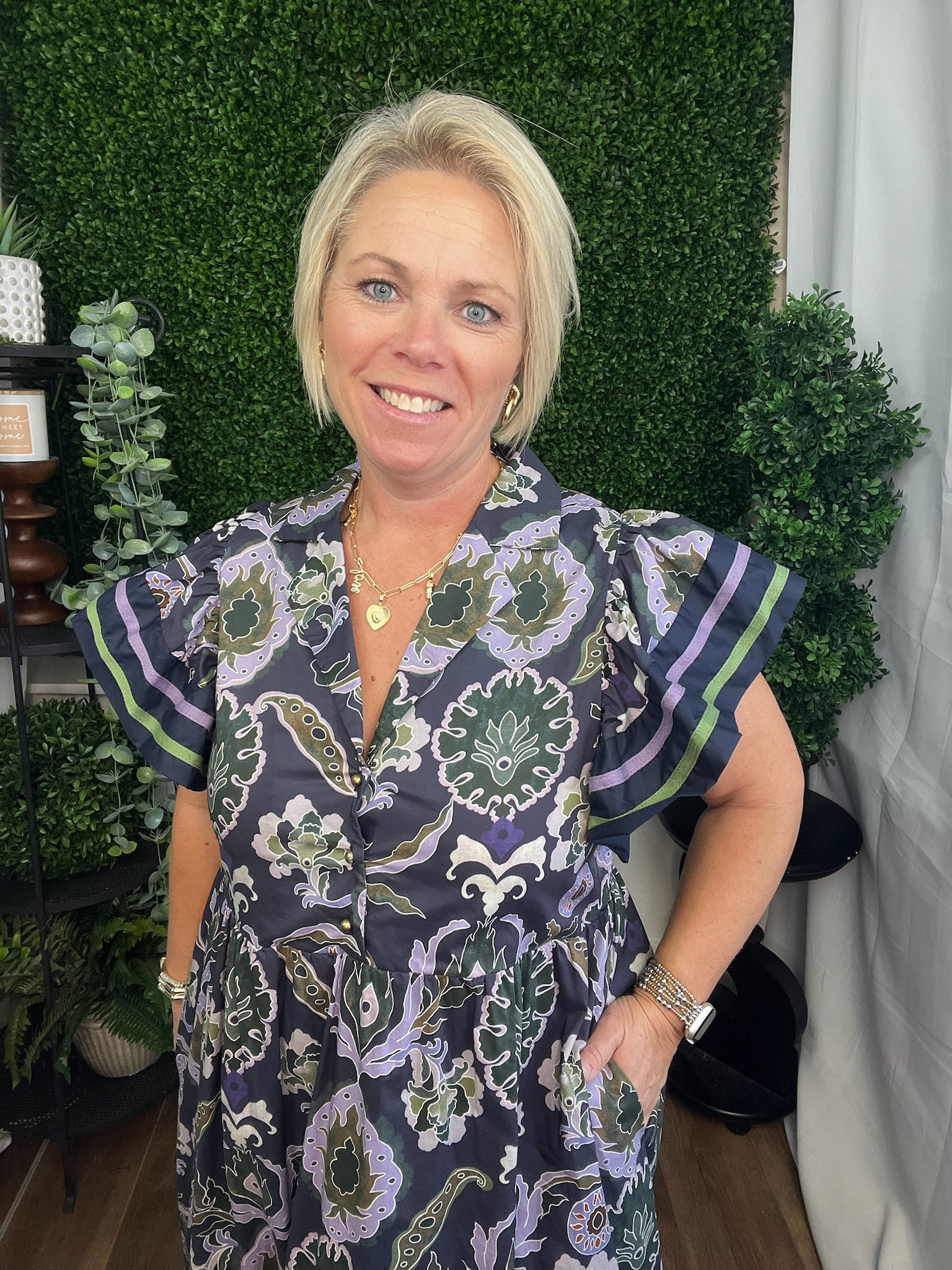 MULTI PRINT MIDI DRESS W/FLUTTER SLEEVES - NAVY