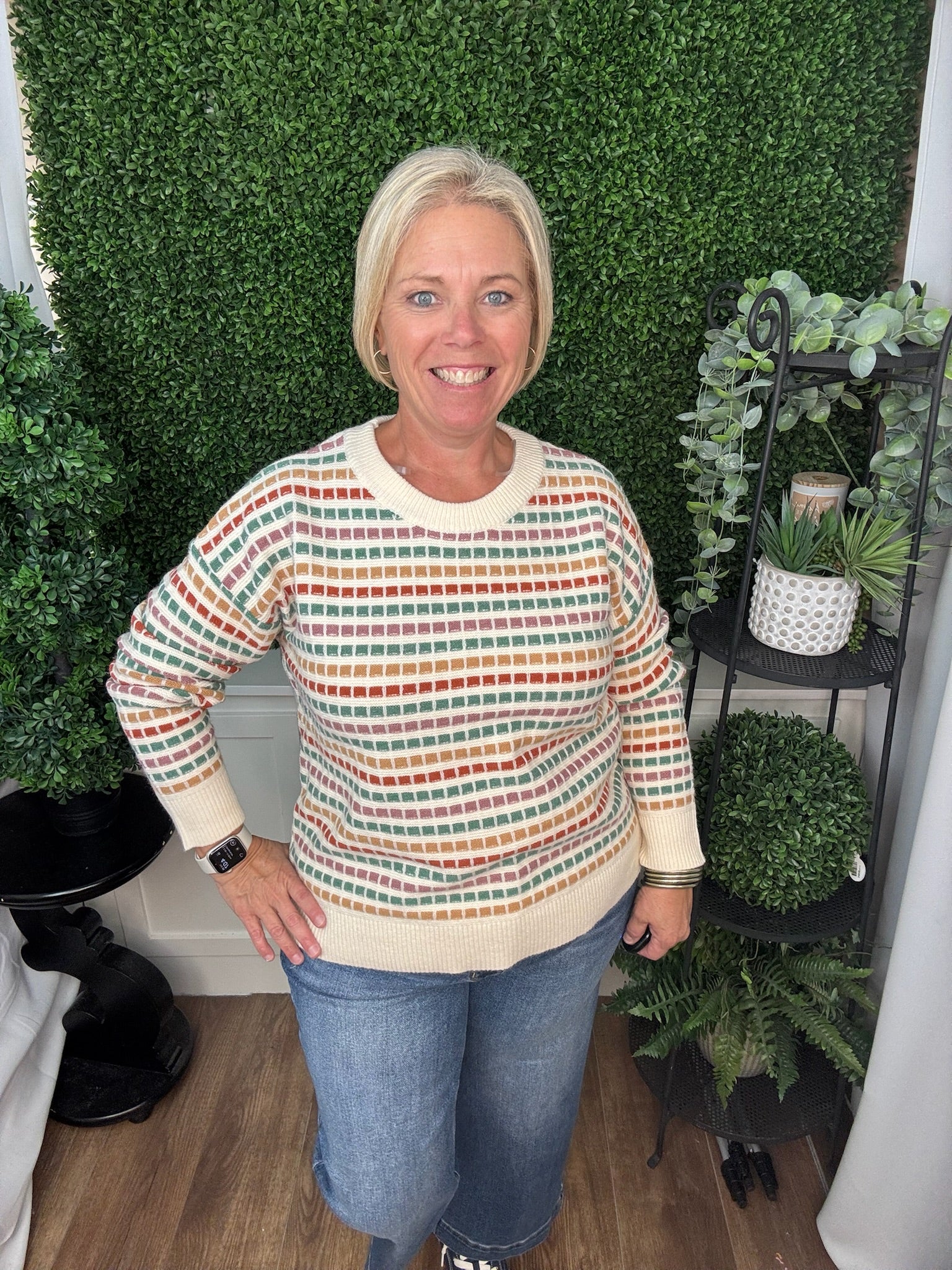 Multicolor Textured Stripe Long Sleeve Crew Neck Sweater