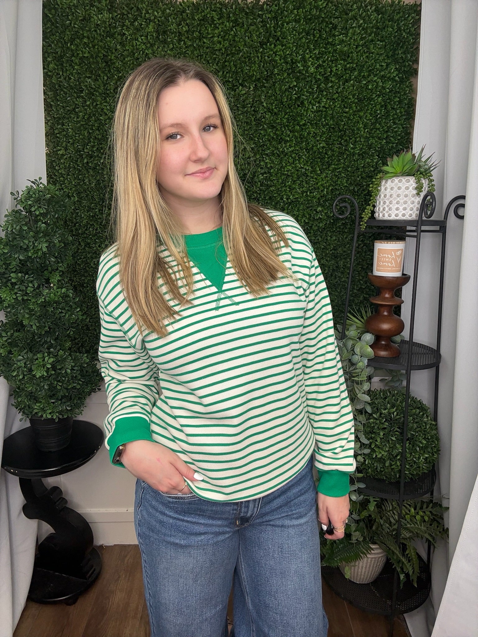STRIPED ROUND NECK LONG SLEEVE TOP - MISSY GREEN