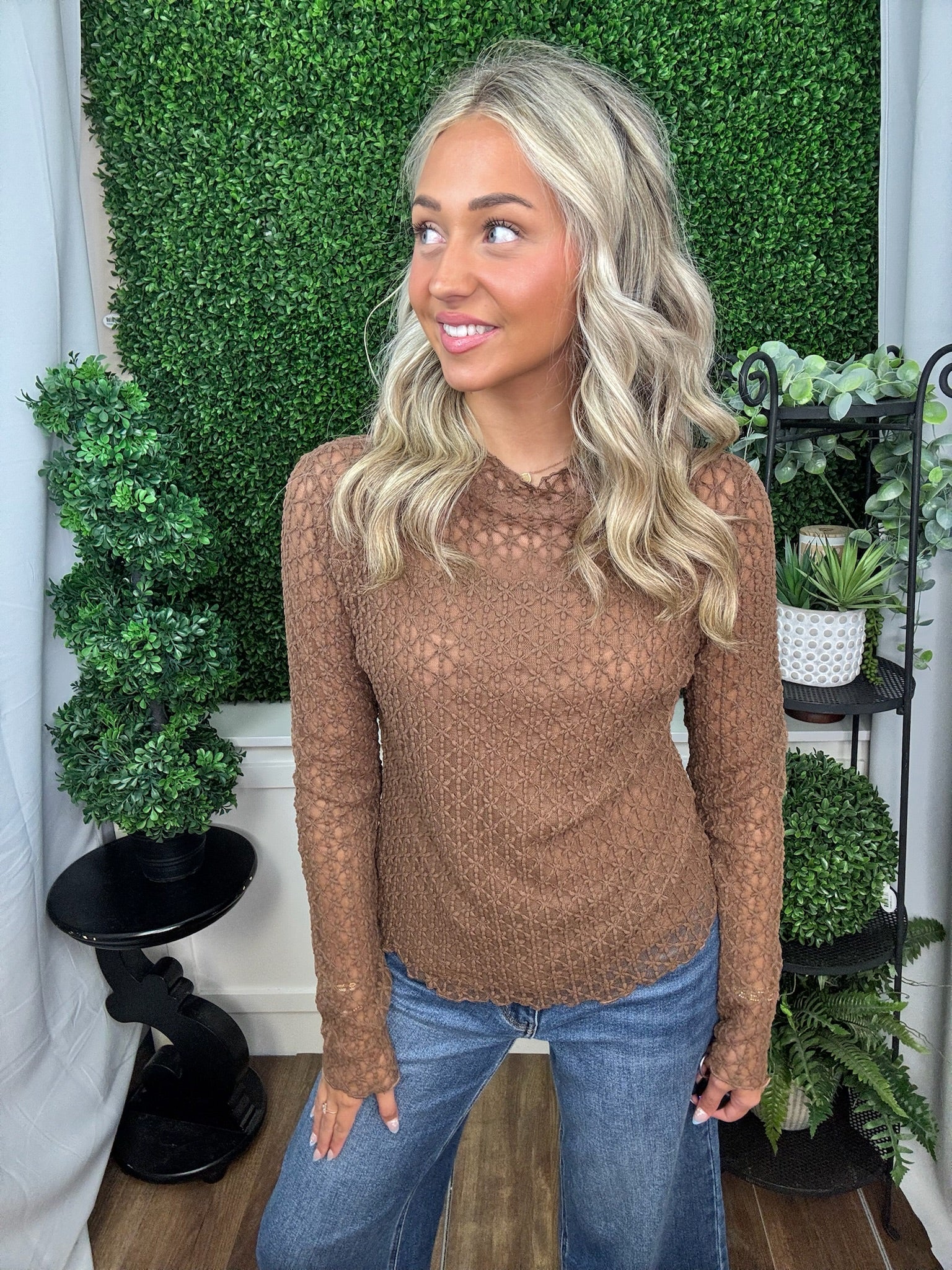 Sheer Lace Long Sleeve Top with Scalloped Hem