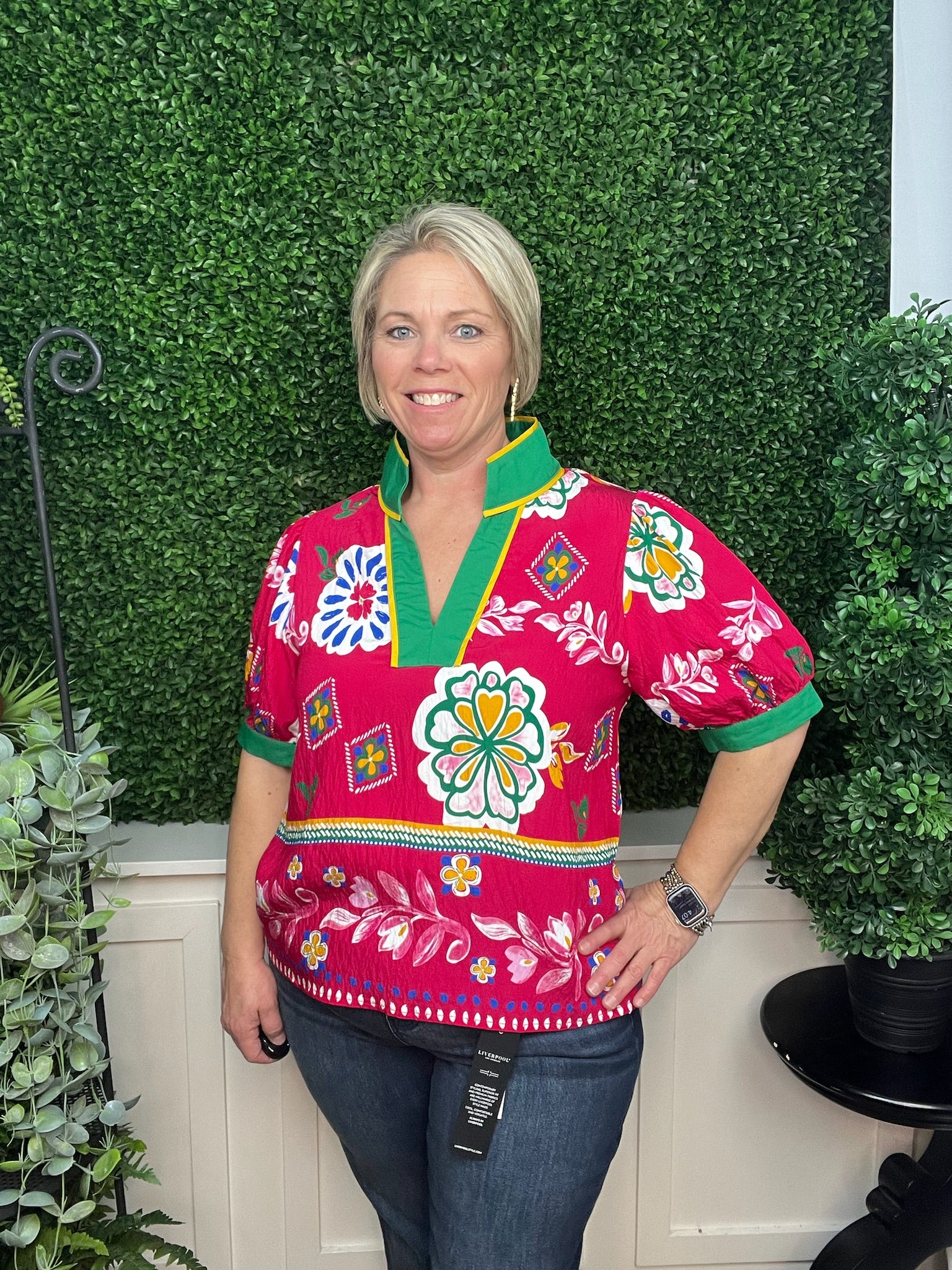 STANDING NECKLINE BOHO FLORAL TOP - FUCHSIA