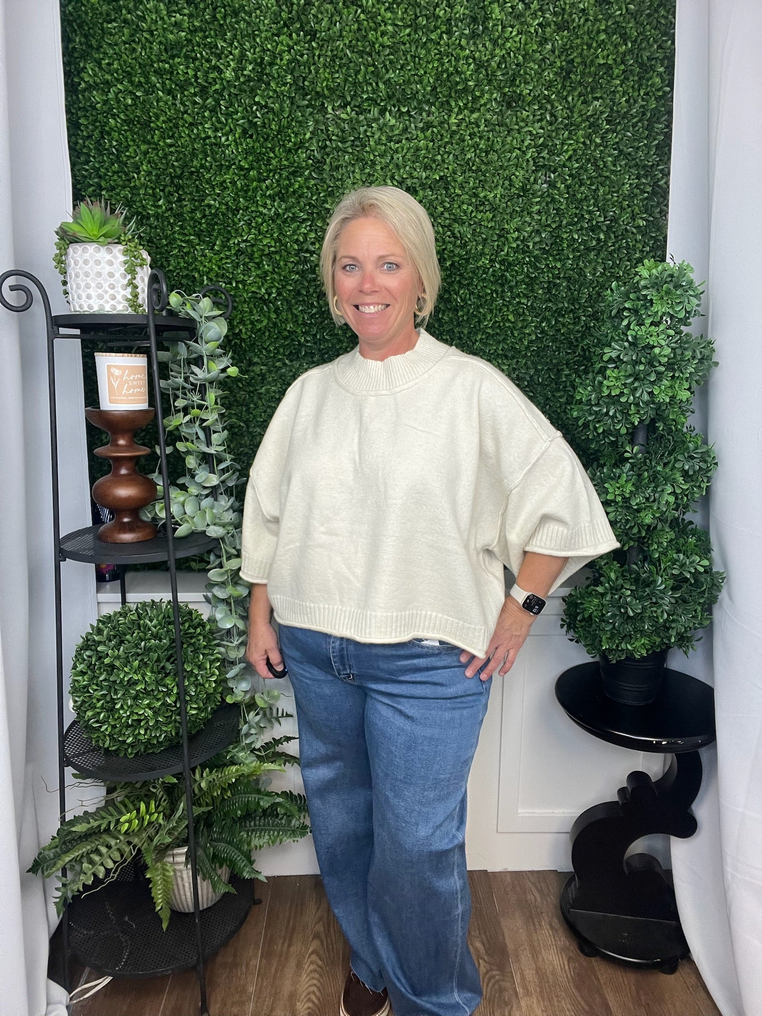 MARLED KNIT MOCK NECK SS SWEATER - IVORY