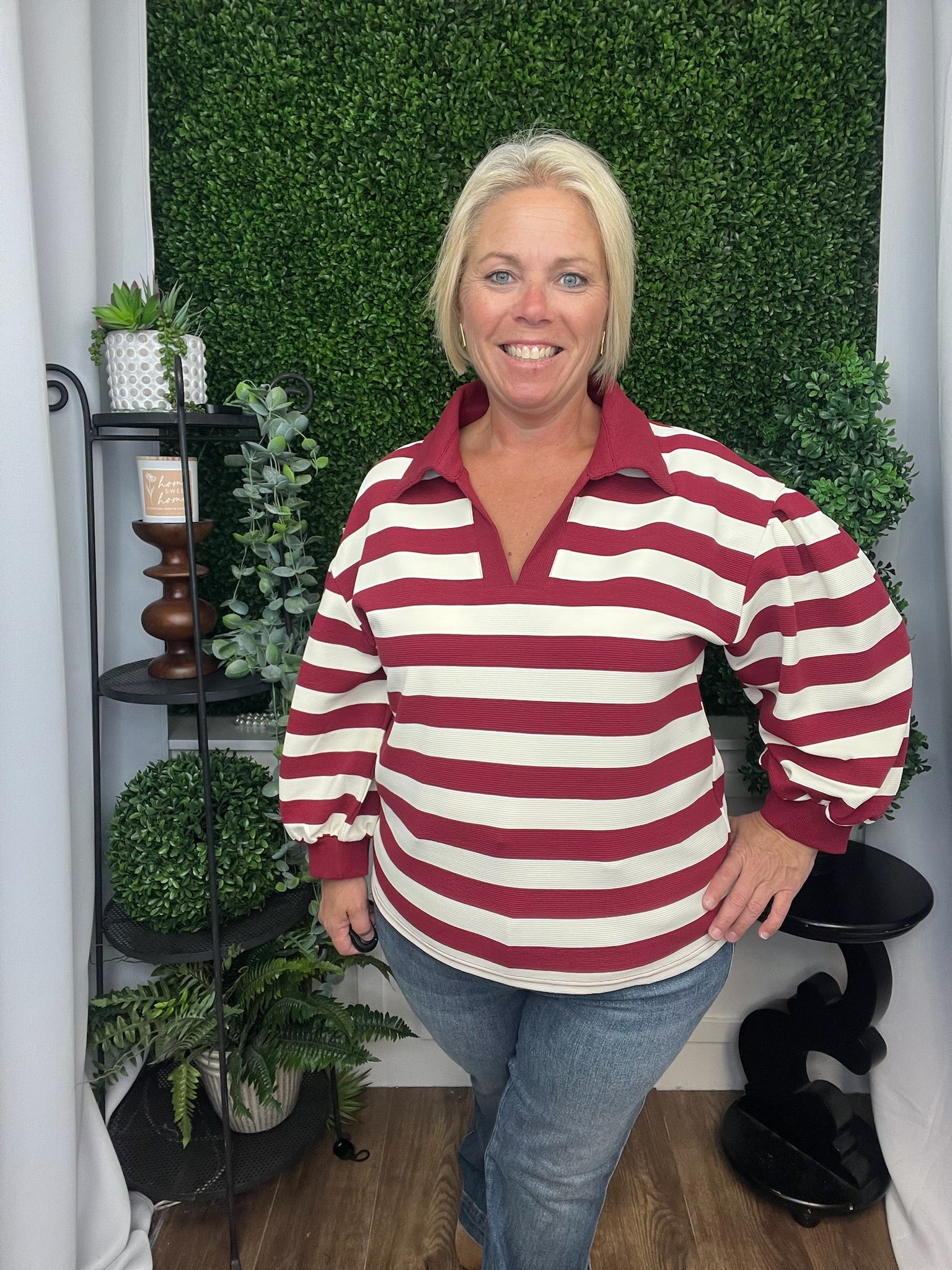 STRIPED OTTOMAN PULLOVER - DARK RED