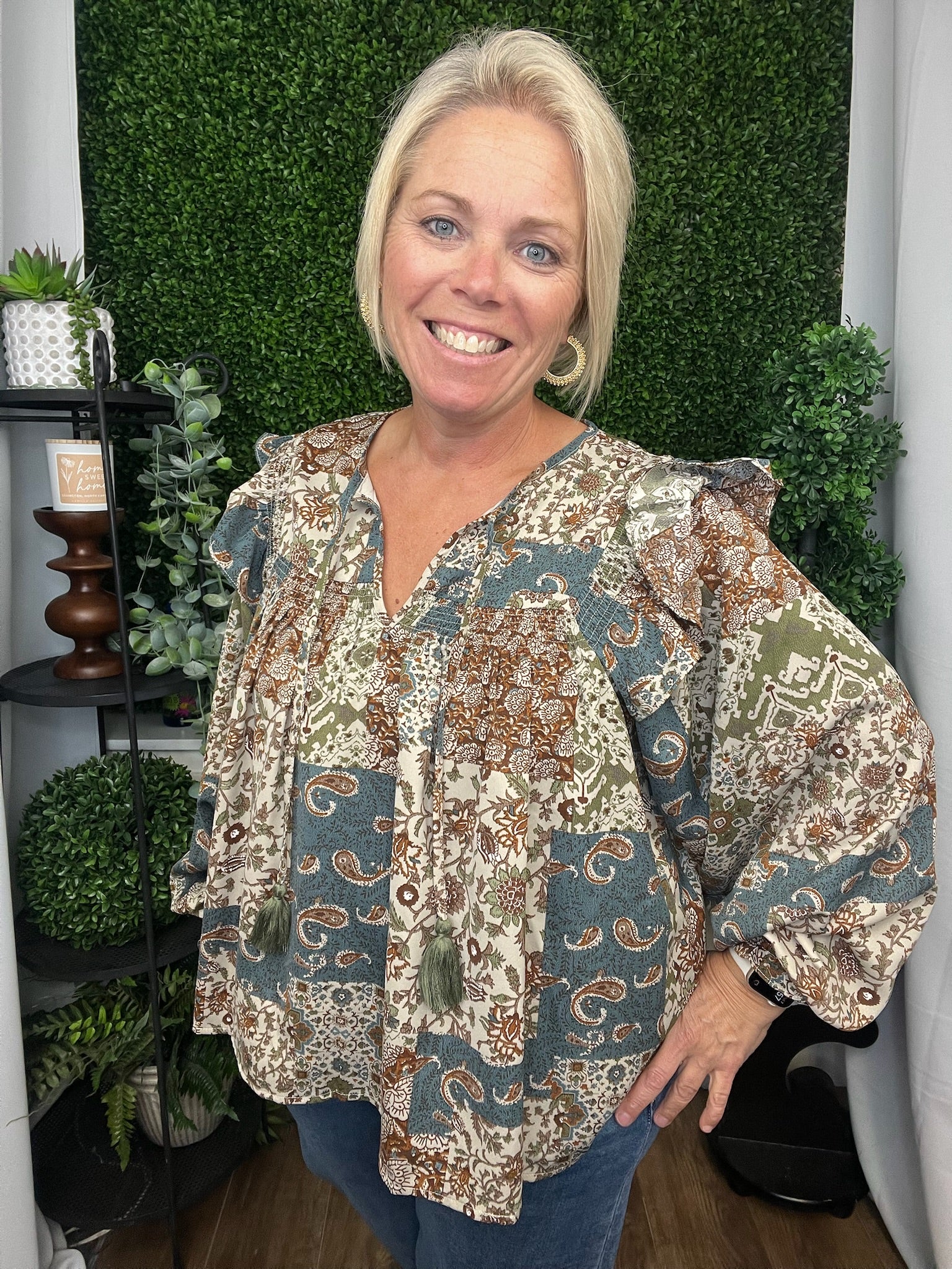 PATCHWORK PRINT SMOCKED RUFFLE BLOUSE - TEAL BLUR MULTI FLORAL