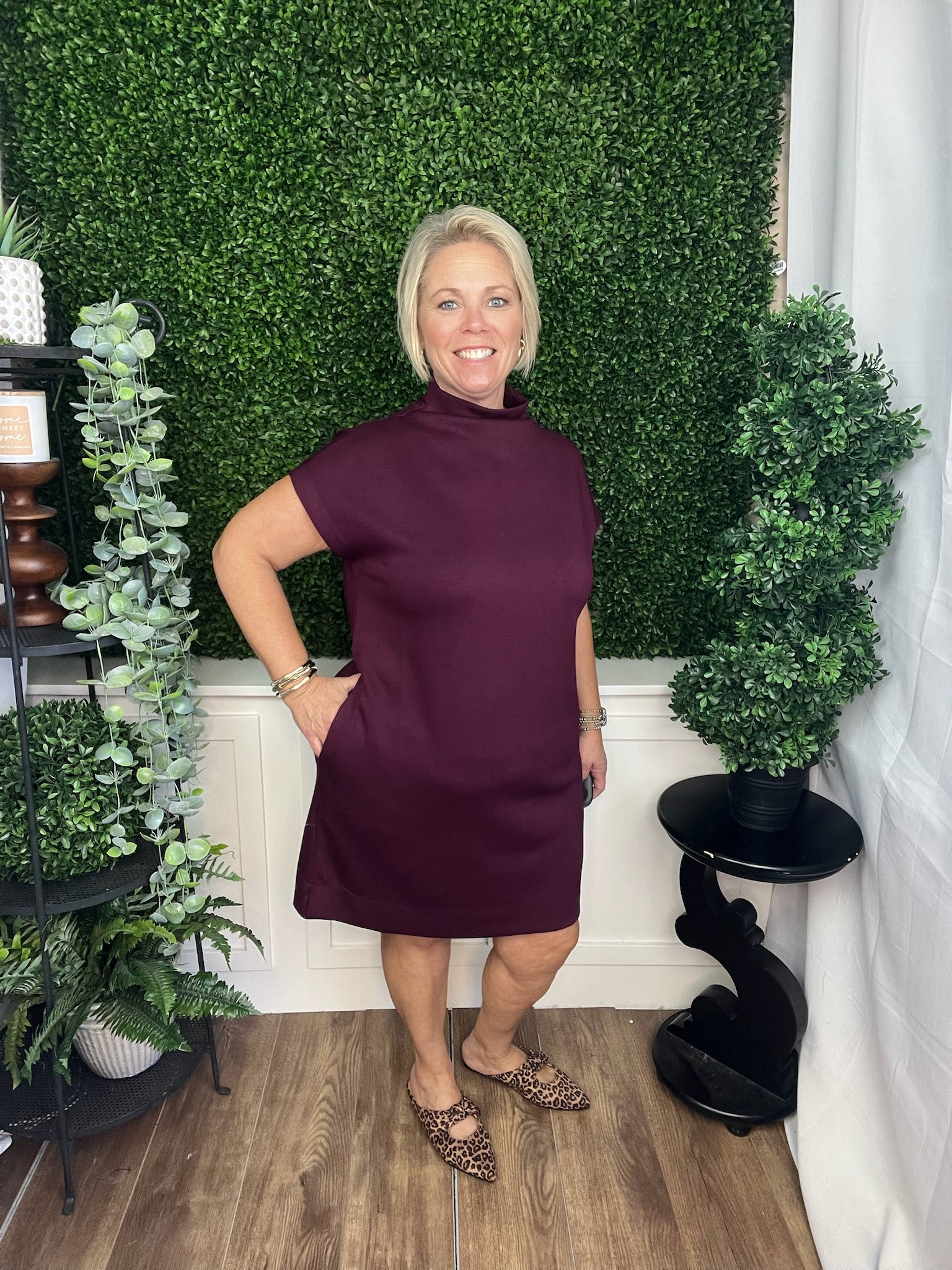 SOLID JERSEY MOCK NECK PULLOVER MINI DRESS - WINE