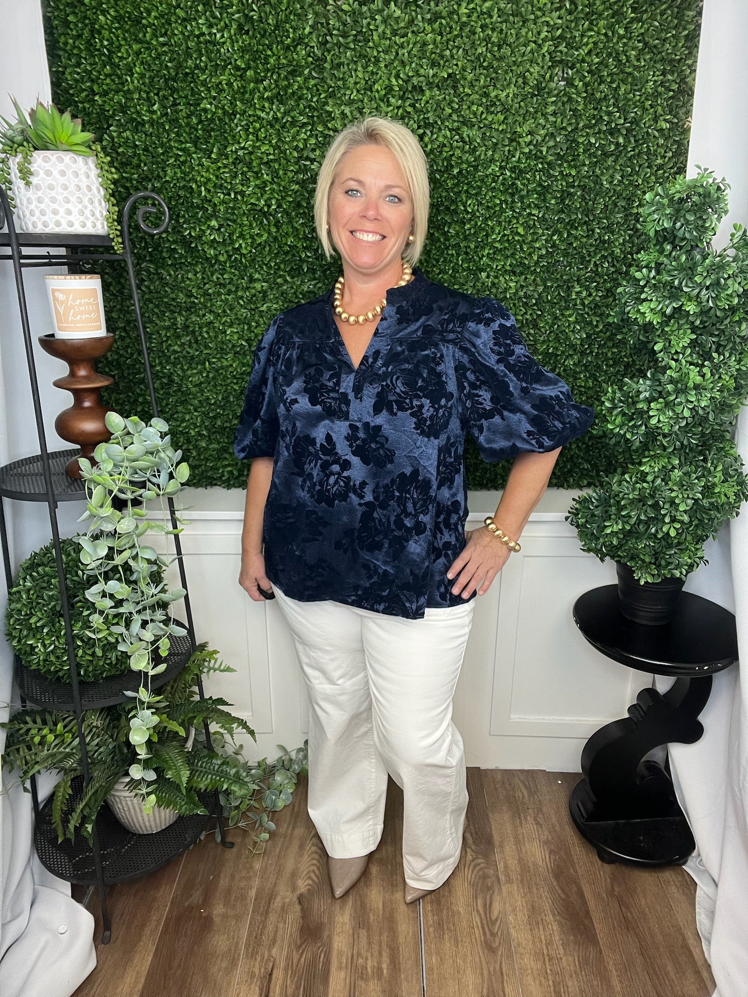 HIGH ROUND NECK PUFF SLV TOP - BLUE