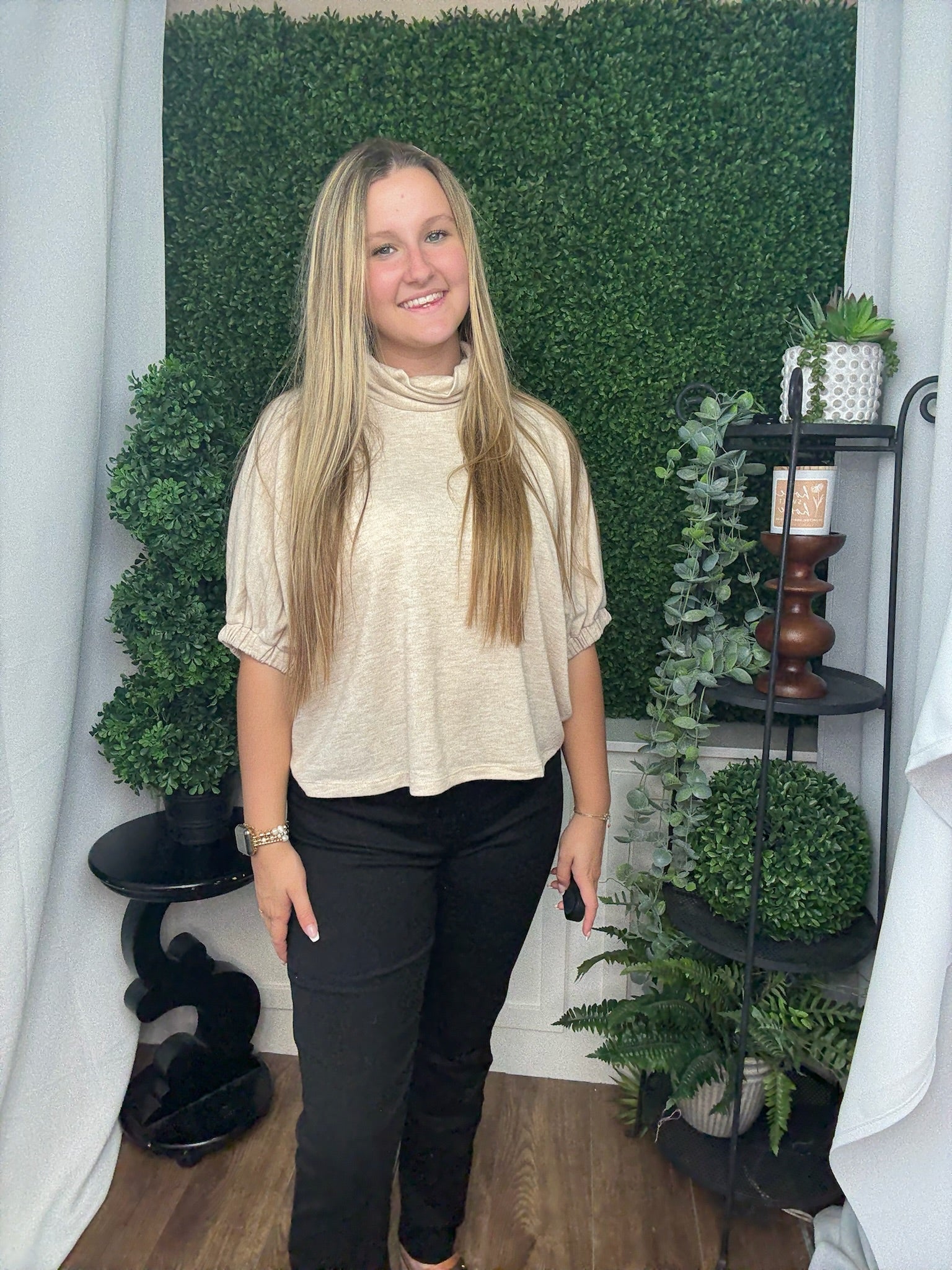 SOLID DOLMAN SLEEVE TOP W/TURTLENECK - OATMEAL