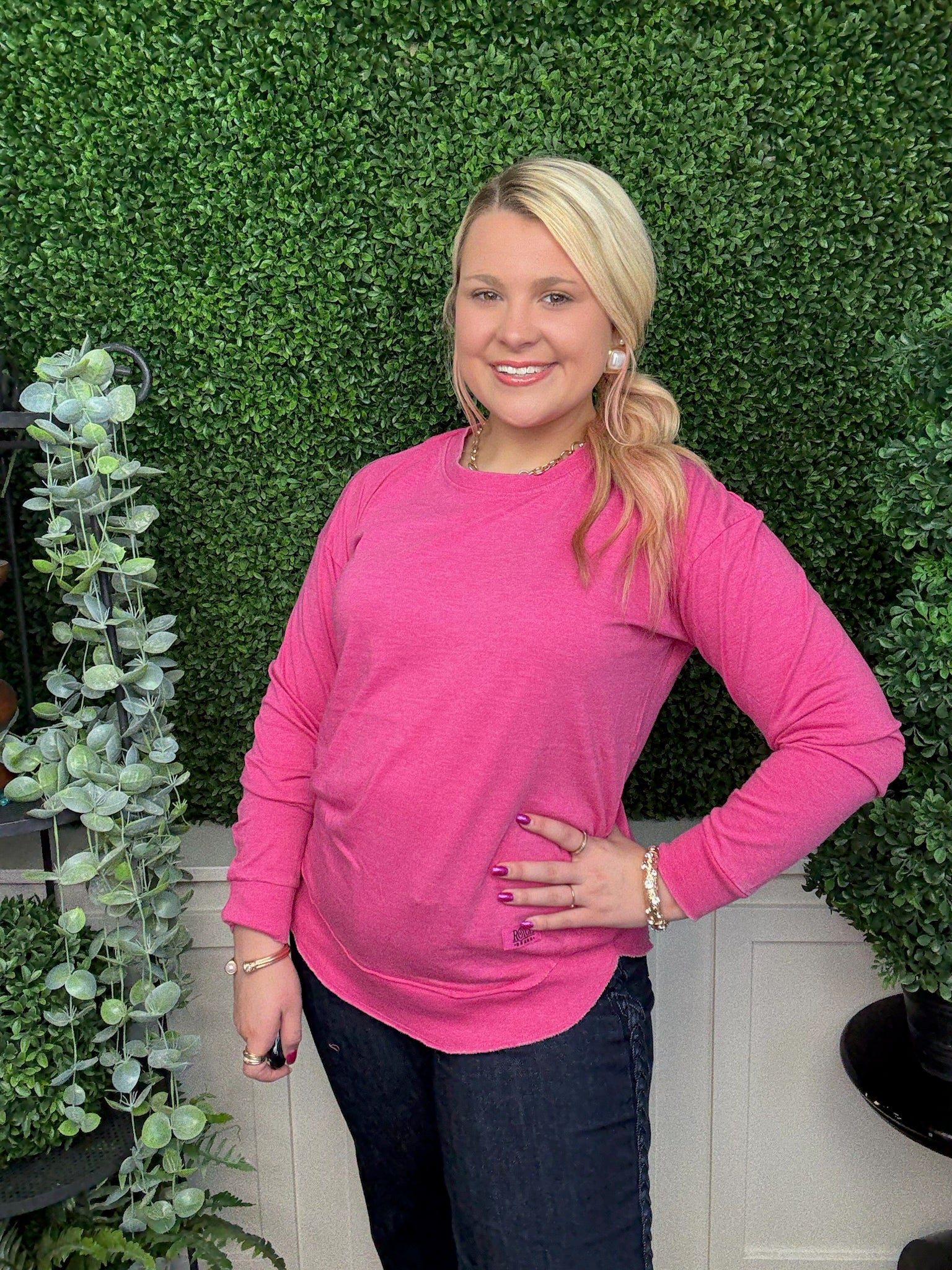 VINTAGE WASH LONG SLEEVE PONCHO TOP - RASPBERRY