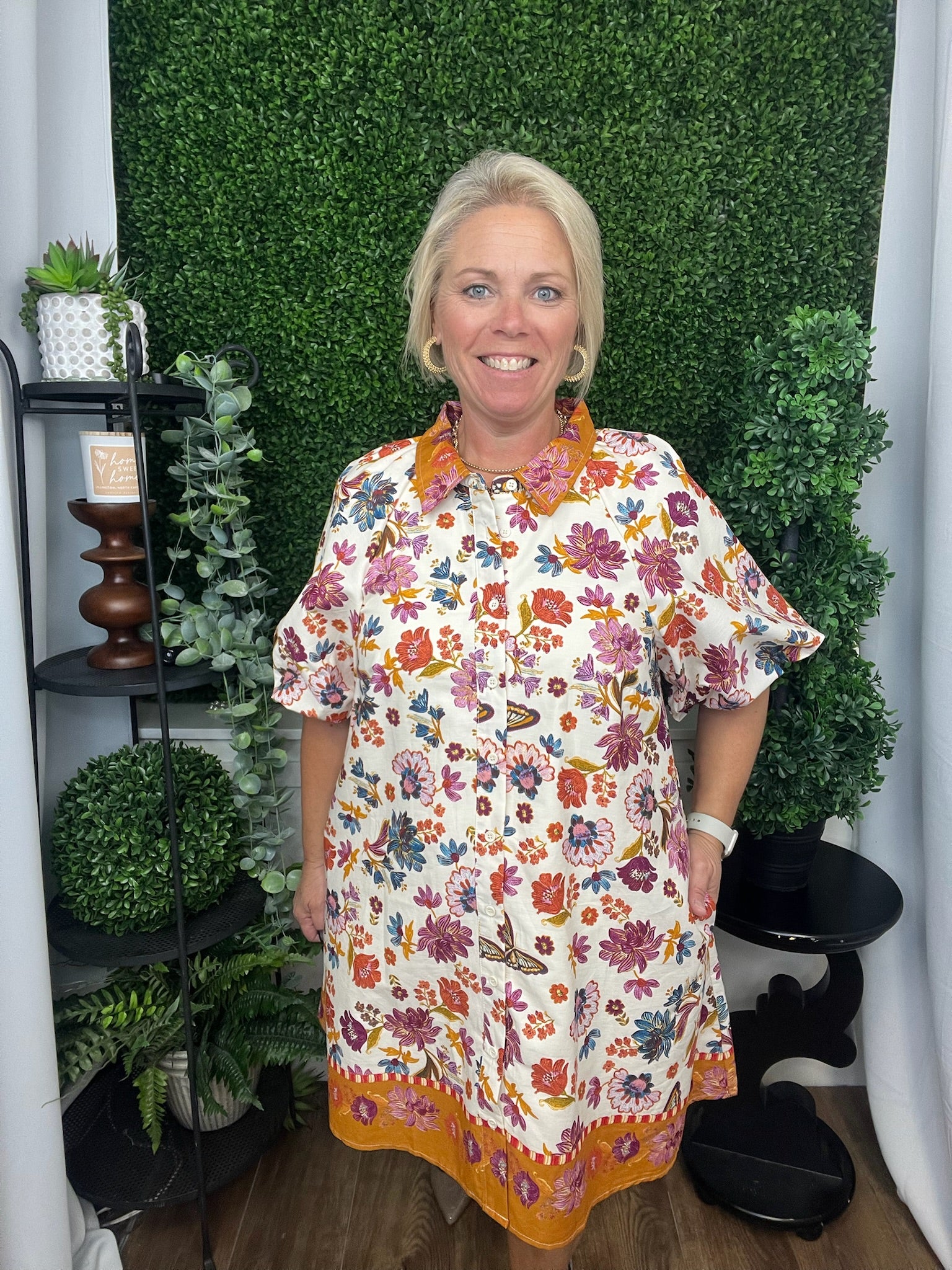 COLLARED BUTTON DOWN FLORAL MINI DRESS - IVORY MULTI