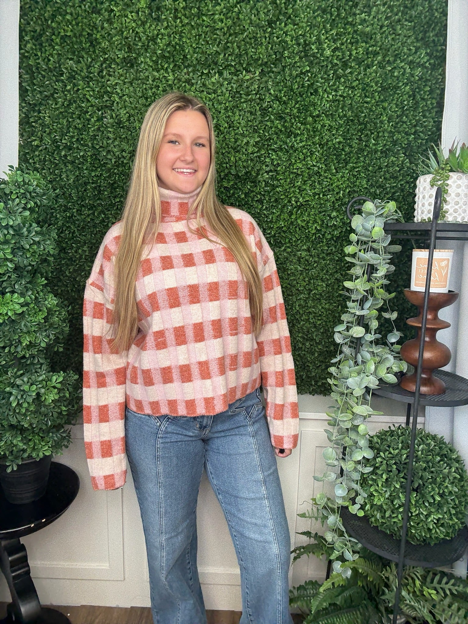 CHECKERED TURTLENECK SWEATER - RUST MULTI