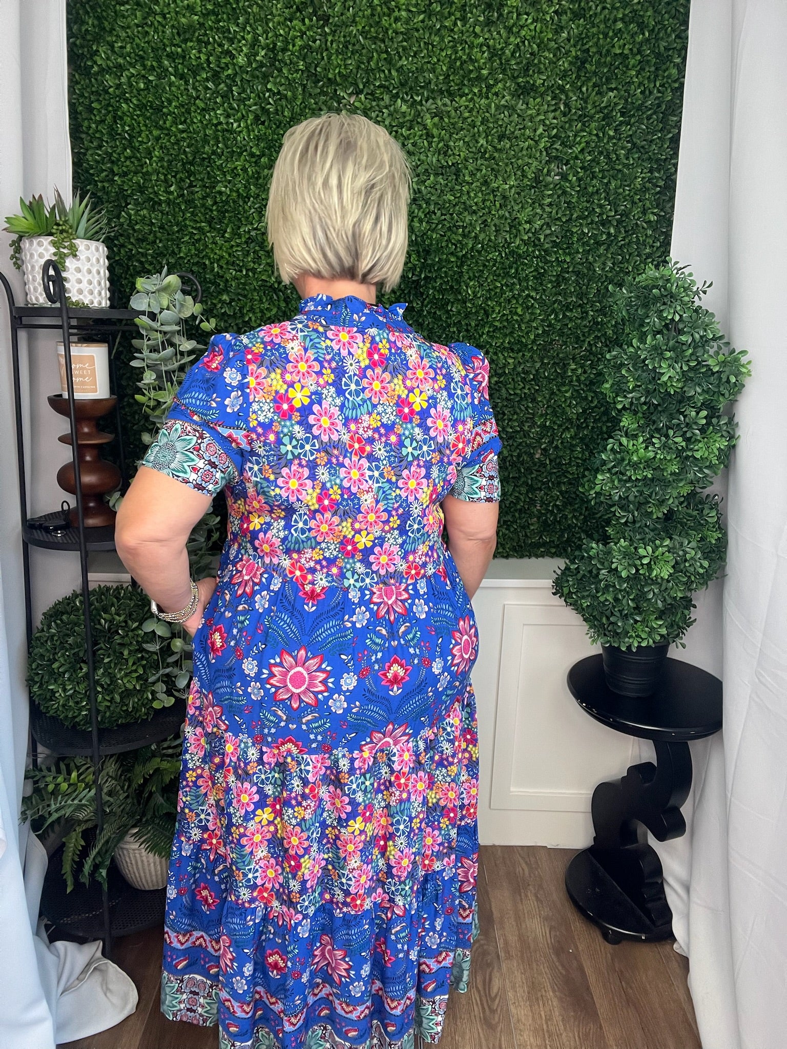 MIXED PRINT TIERED MIDI DRESS - COBALT MIX