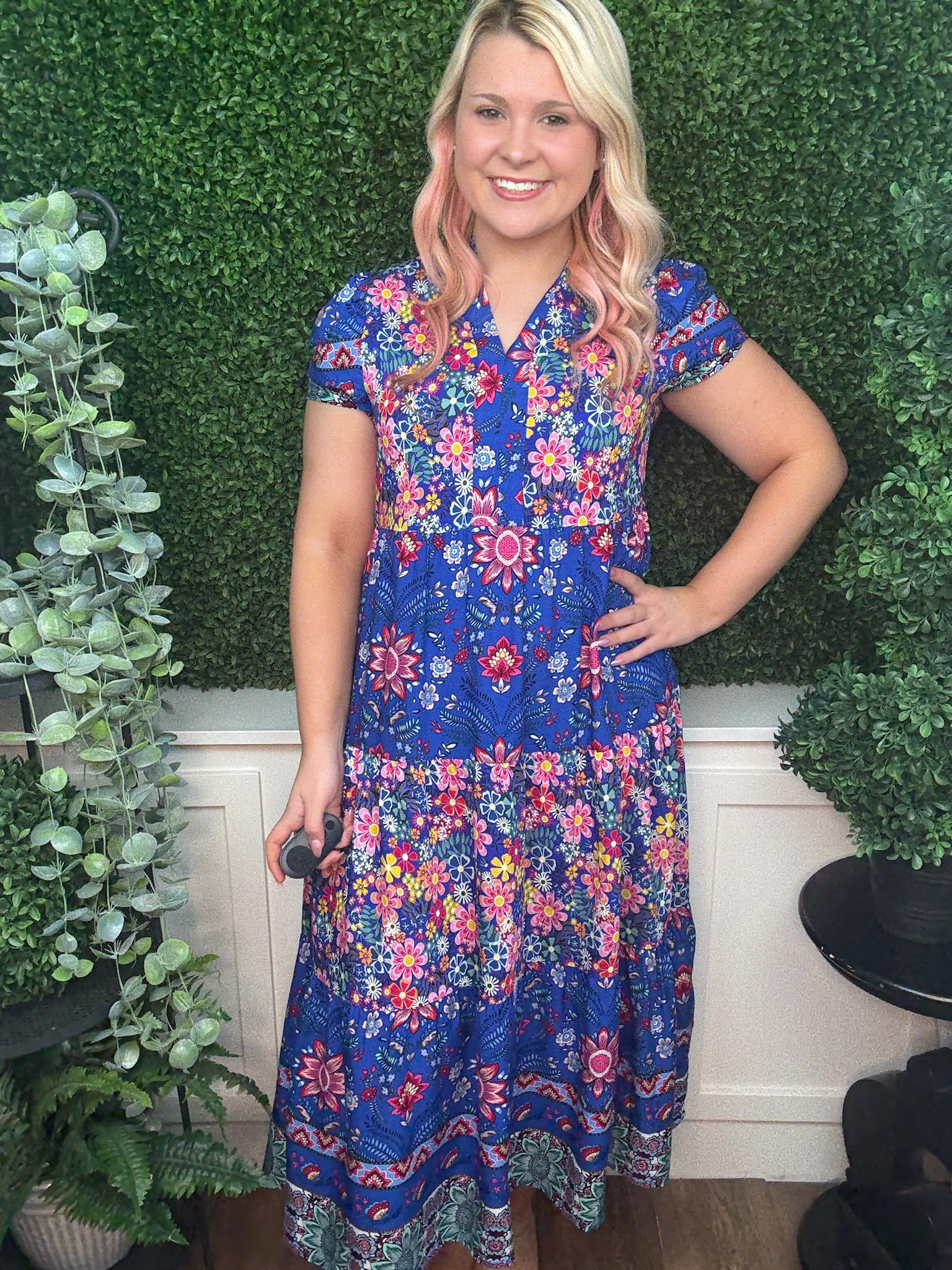 MIXED PRINT TIERED MIDI DRESS - COBALT MIX