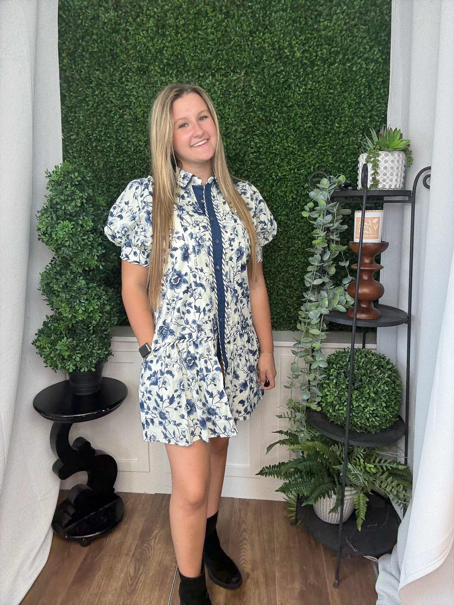 FLORAL PRINT SHORT PUFF SLEEVE RUFFLE HEM MINI DRESS