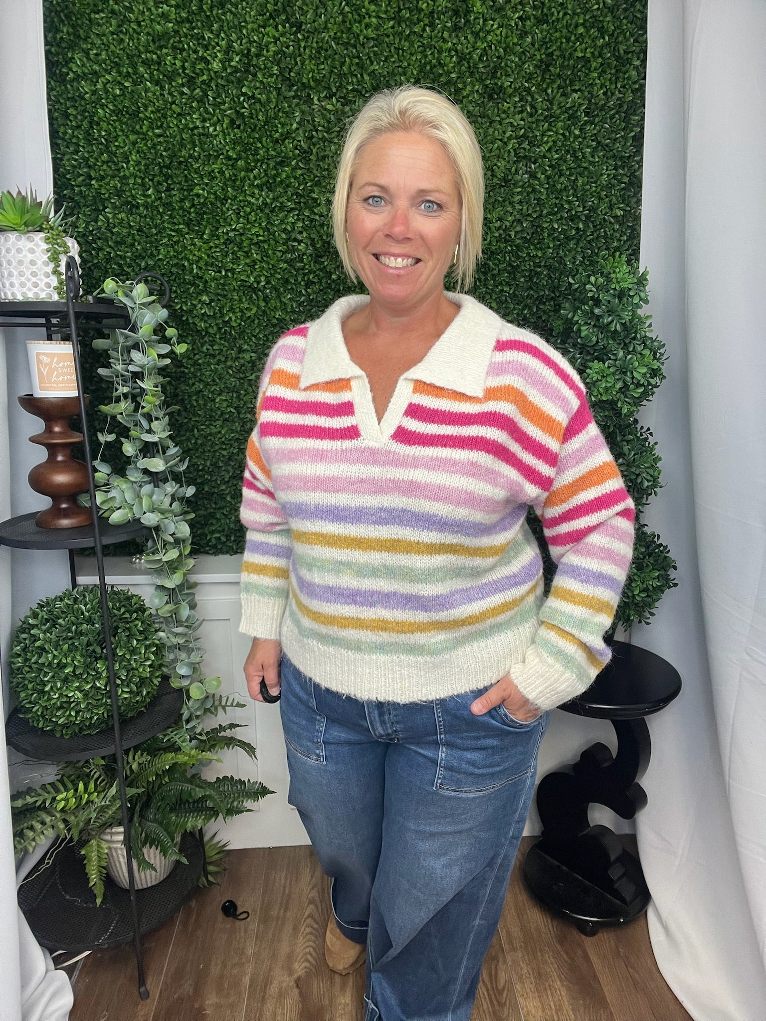 MULTI COLOR STRIPED SWEATER TOP - PINK/BLUSH MULTI