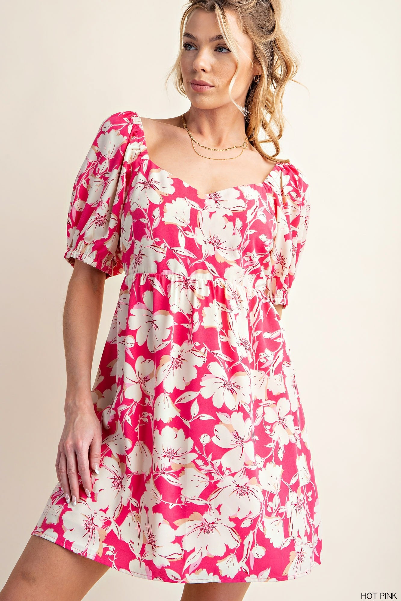 SOFT FLORAL PRINTED BABY DOLL BUBBLE SLEEVE DRESS - HOT PINK