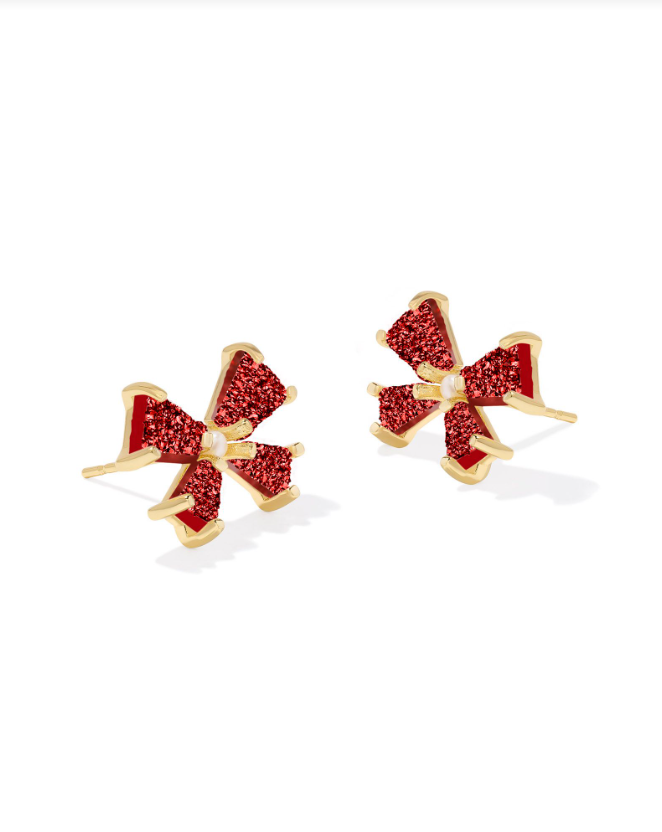 BLAIR BOW SMALL STUD EARRINGS - GOLD BRIGHT RED DRUSY