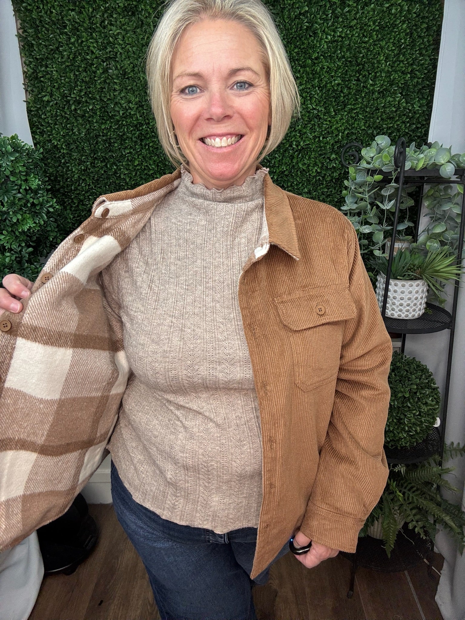 REVERSIBLE PLAID BUTTON DOWN SHACKET - MOCHA BROWN