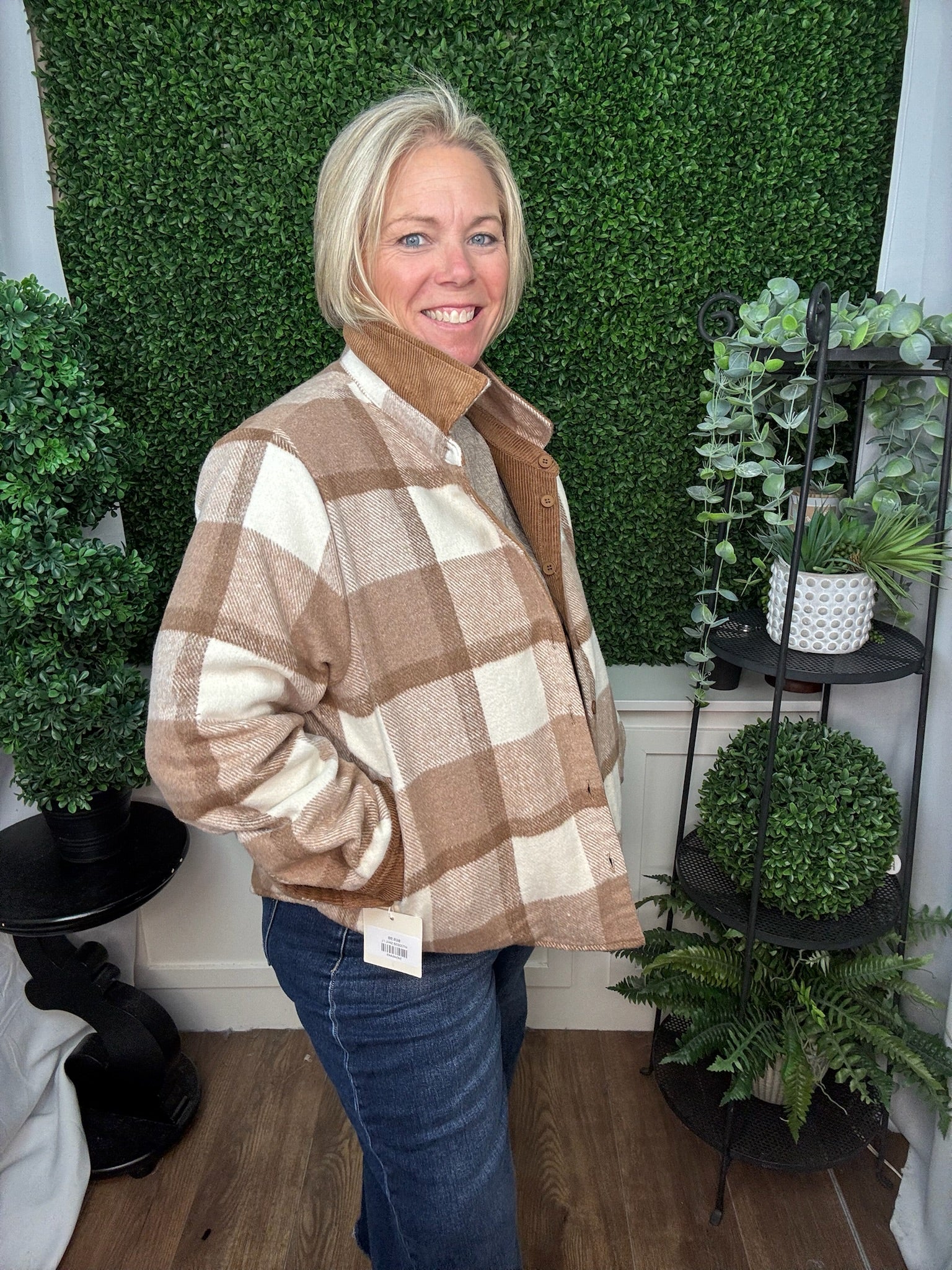 REVERSIBLE PLAID BUTTON DOWN SHACKET - MOCHA BROWN