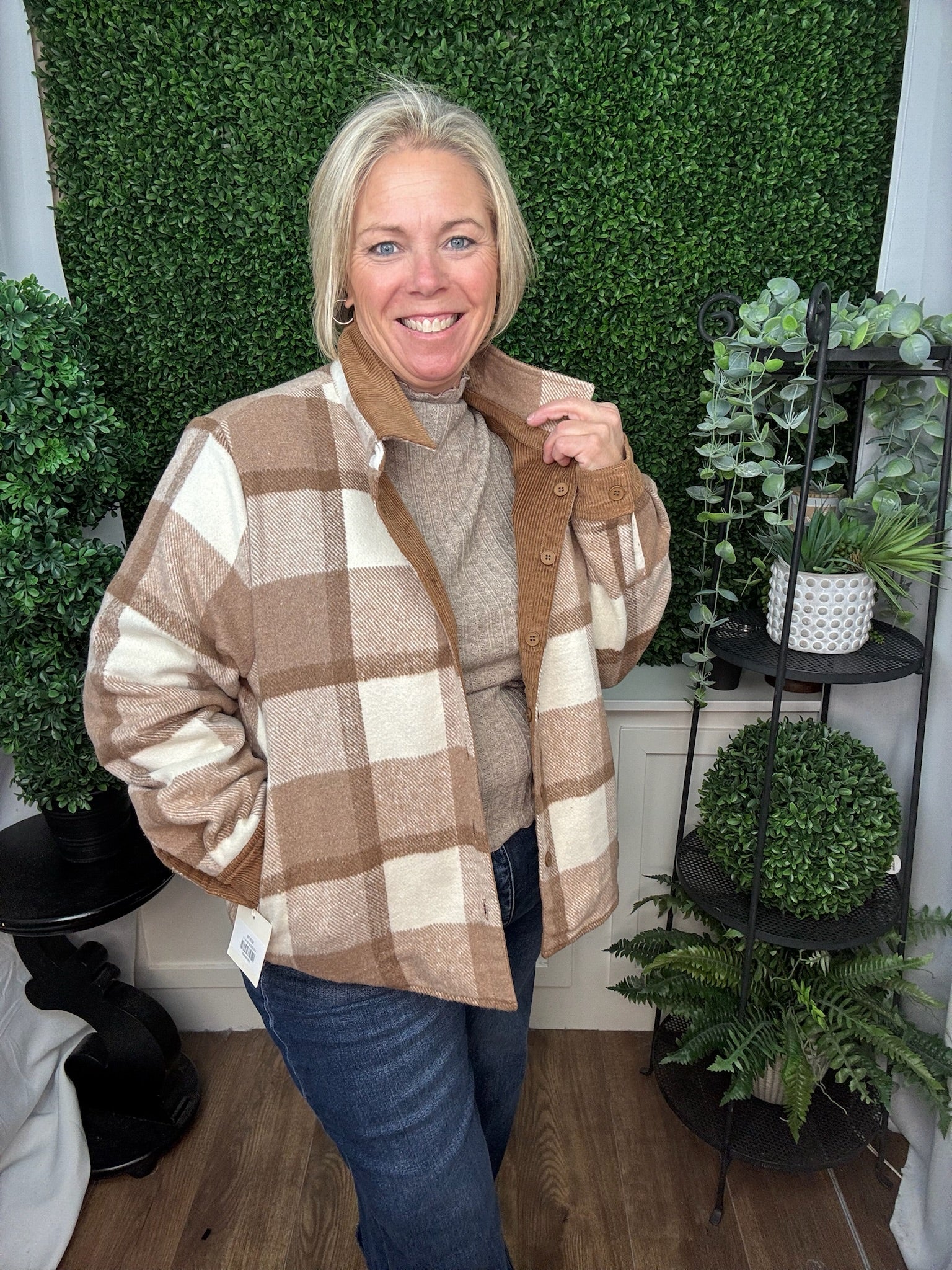 REVERSIBLE PLAID BUTTON DOWN SHACKET - MOCHA BROWN
