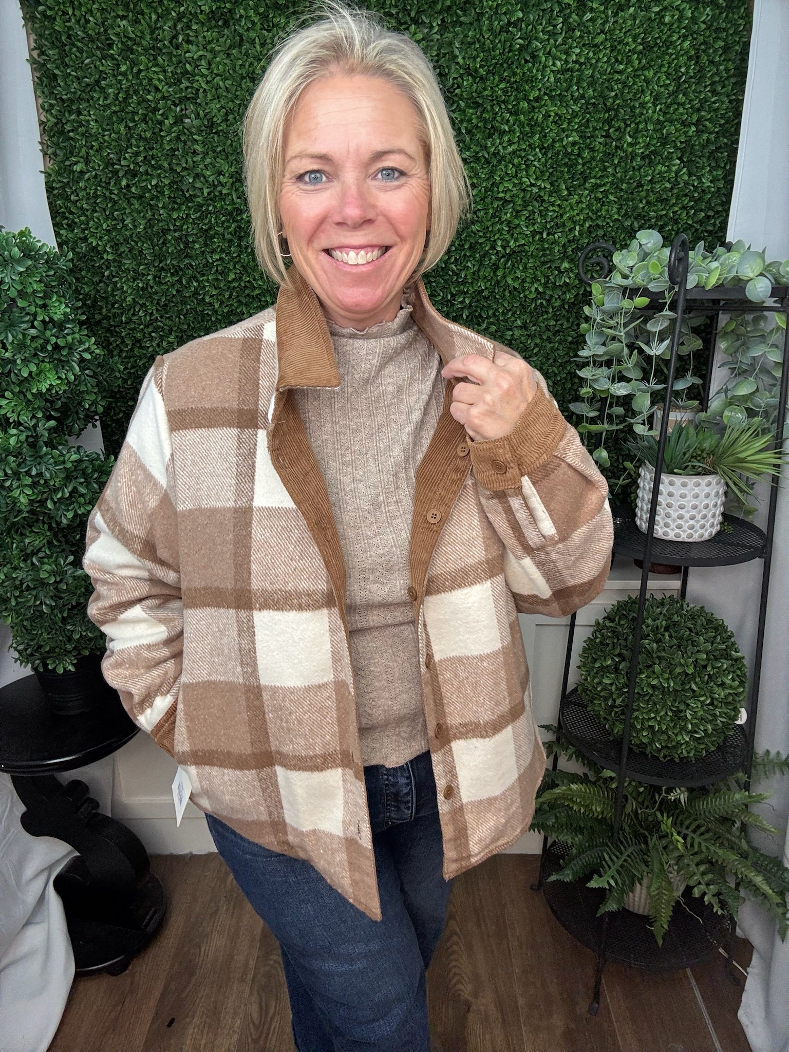 REVERSIBLE PLAID BUTTON DOWN SHACKET - MOCHA BROWN