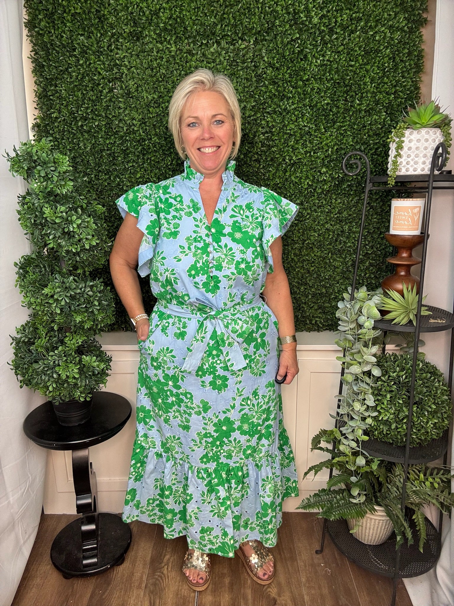 Blue Blossom Ruffle Sleeve Midi Dress