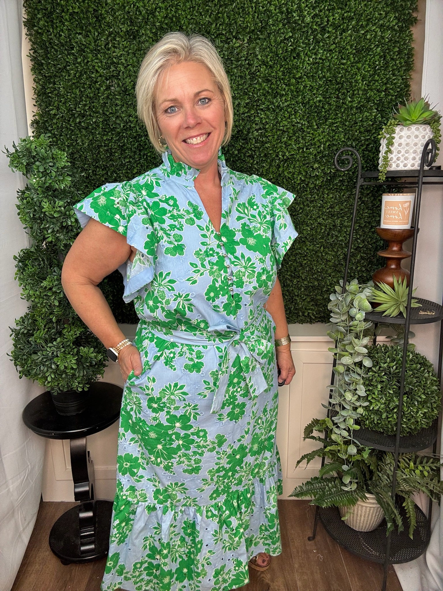 Blue Blossom Ruffle Sleeve Midi Dress