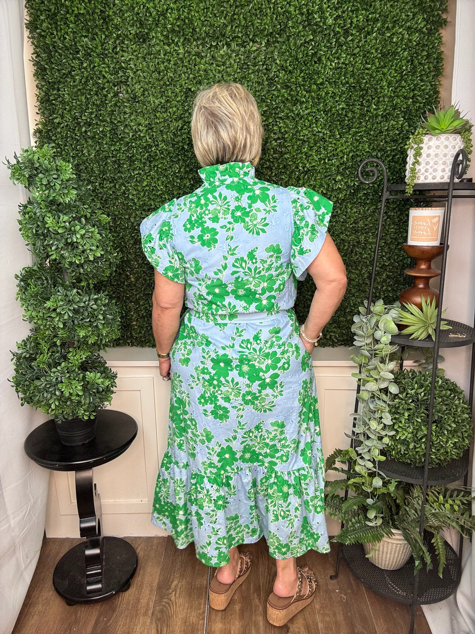 Blue Blossom Ruffle Sleeve Midi Dress