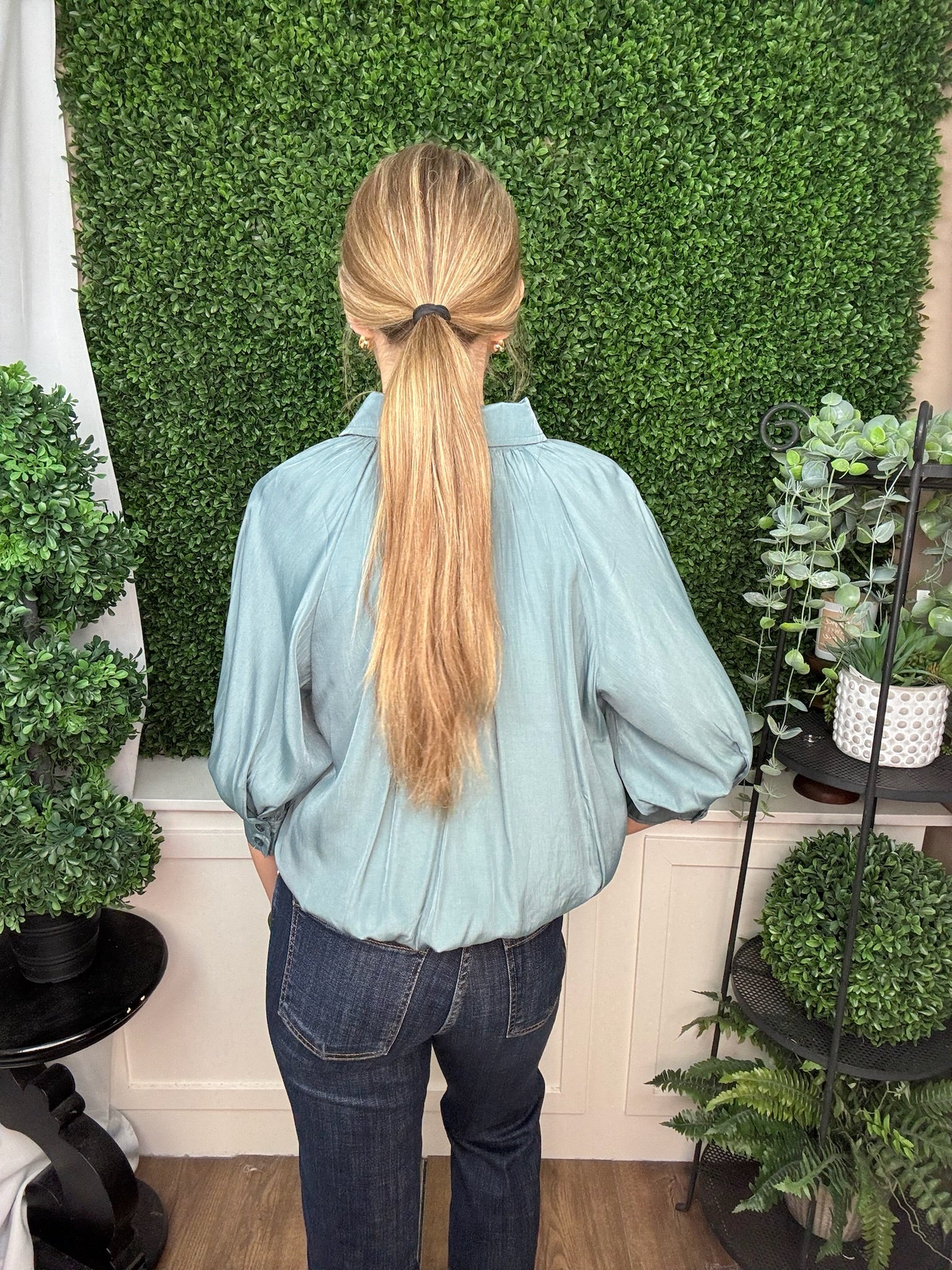 PLEATED PUFF SLEEVE BUTTON DOWN BLOUSE - BLUE
