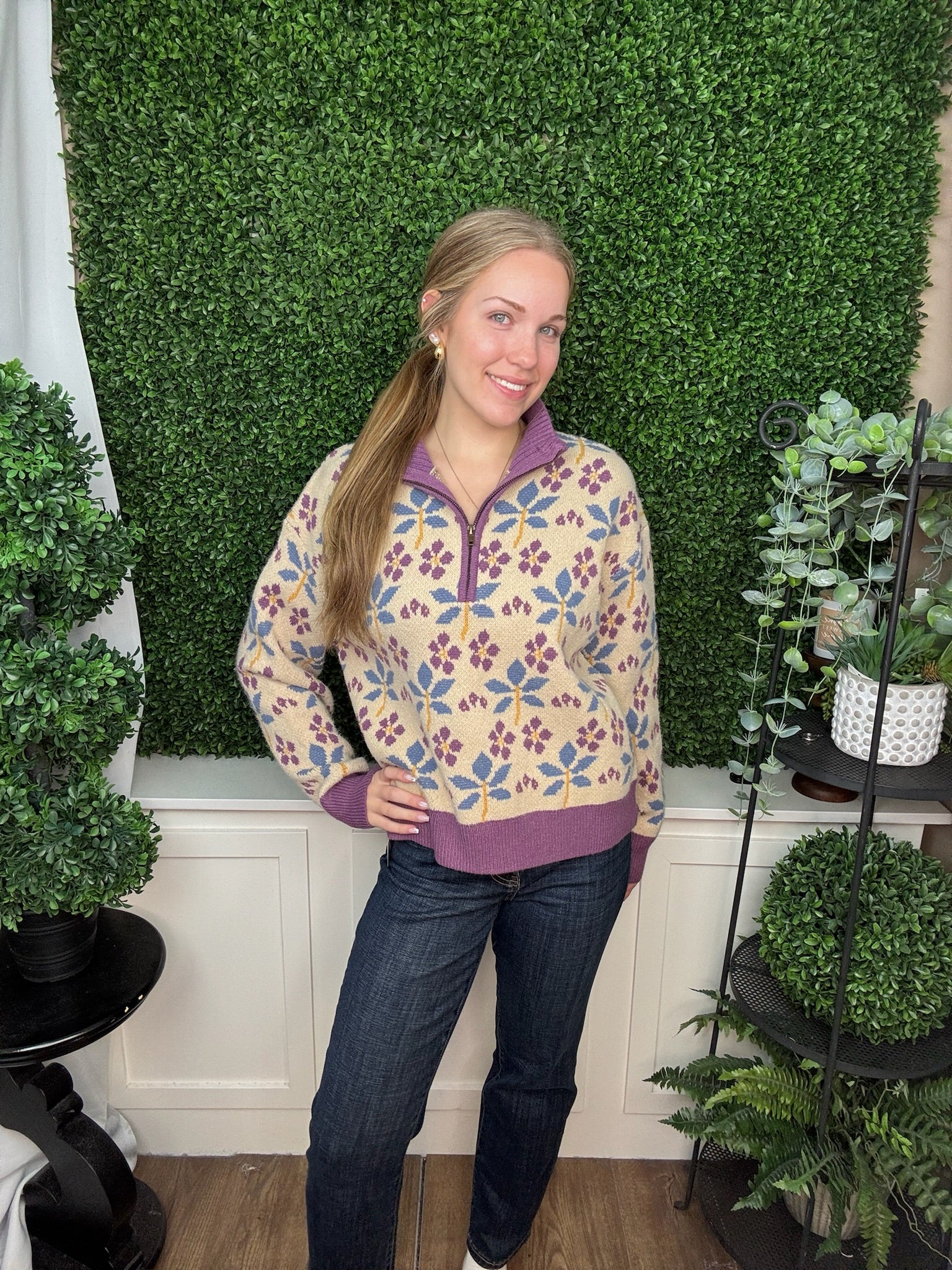 FLORAL PATTERN ZIP-UP MOCK NECK SWEATER - BEIGE PLUM