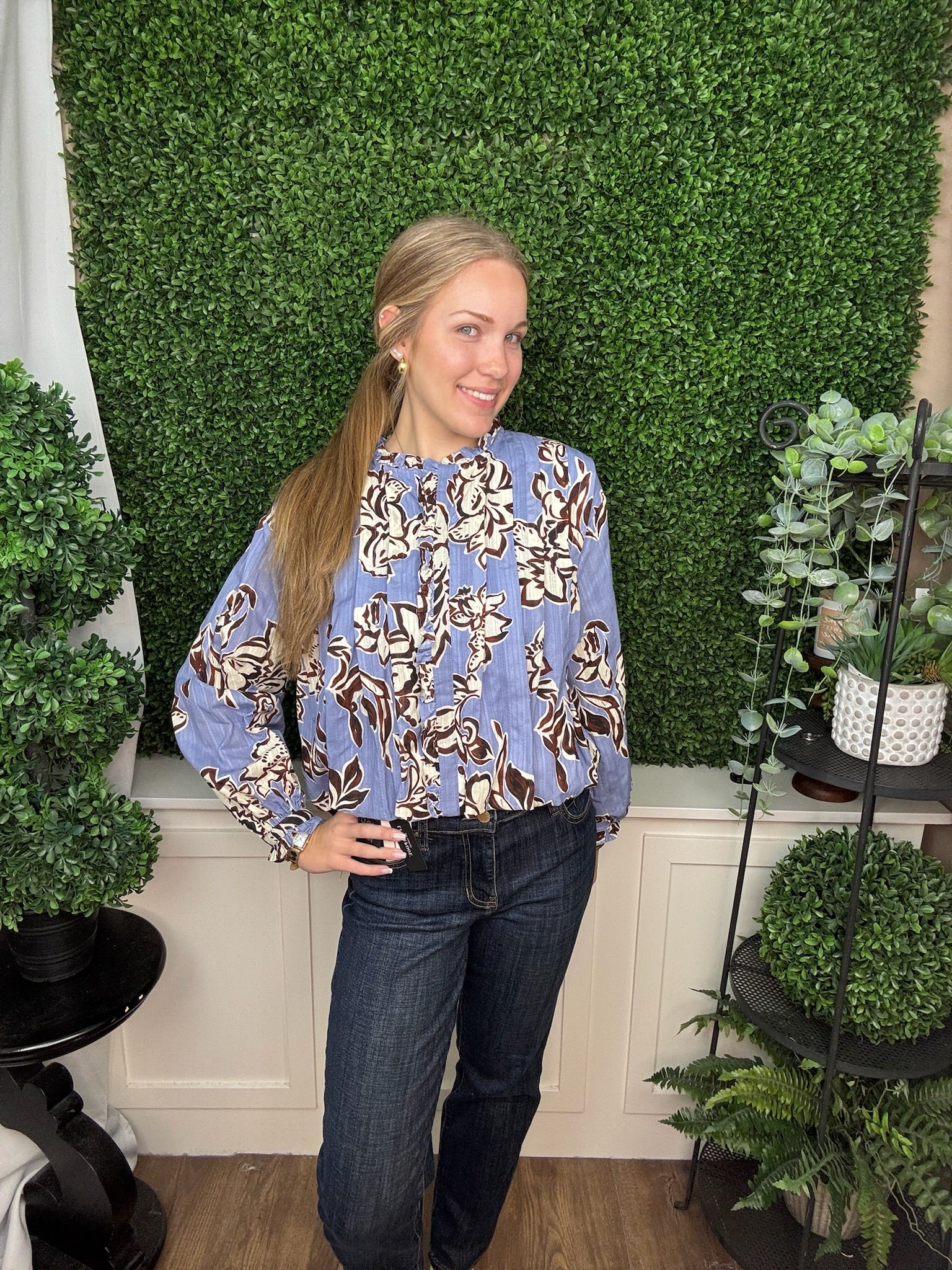 FLORAL PRINT RUFFLE FRONT BLOUSE - DUSTY BLUE
