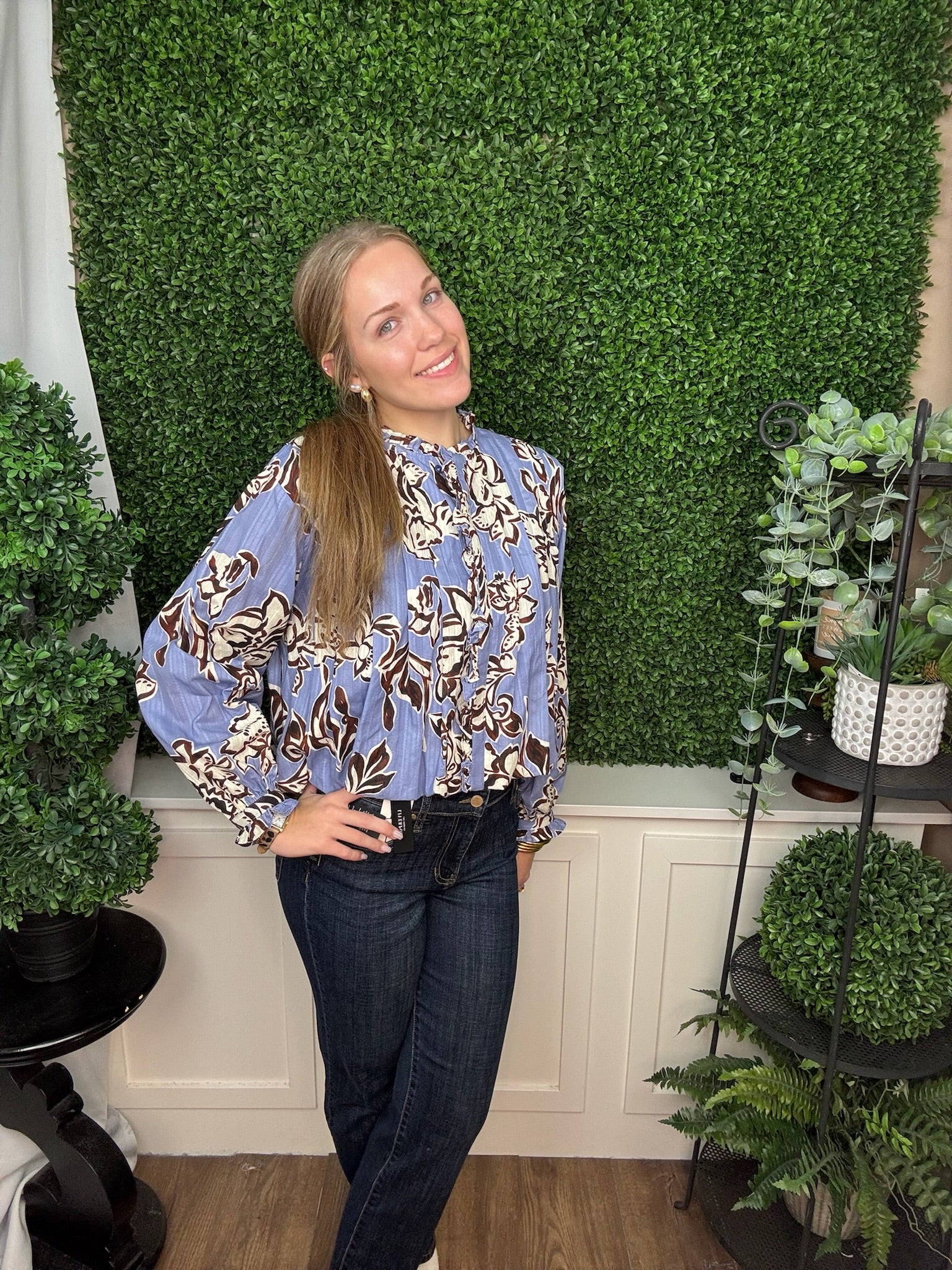 FLORAL PRINT RUFFLE FRONT BLOUSE - DUSTY BLUE