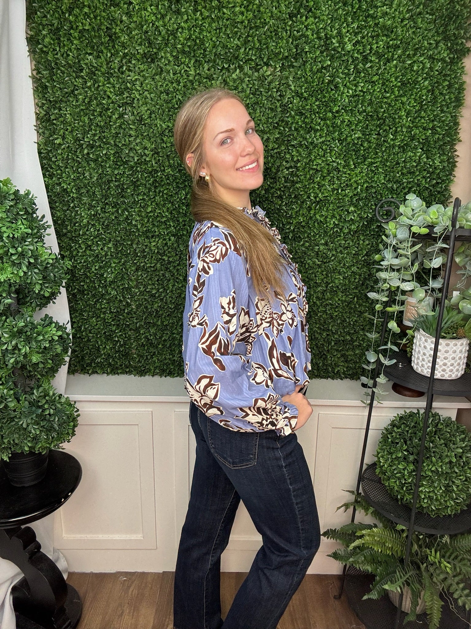 FLORAL PRINT RUFFLE FRONT BLOUSE - DUSTY BLUE