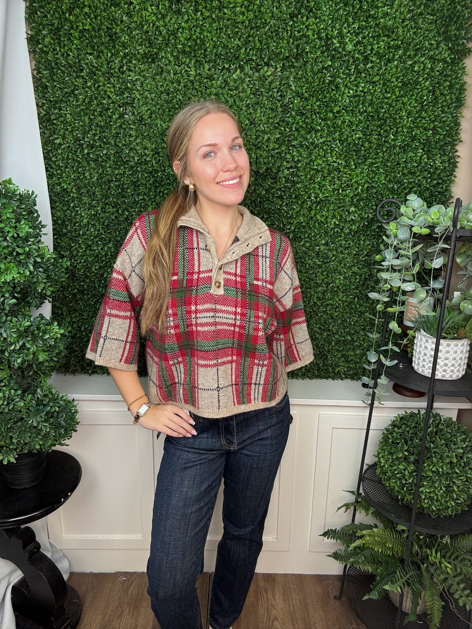 PLAID HOODED BUTTON FRONT KNIT SWEATER - TAUPE
