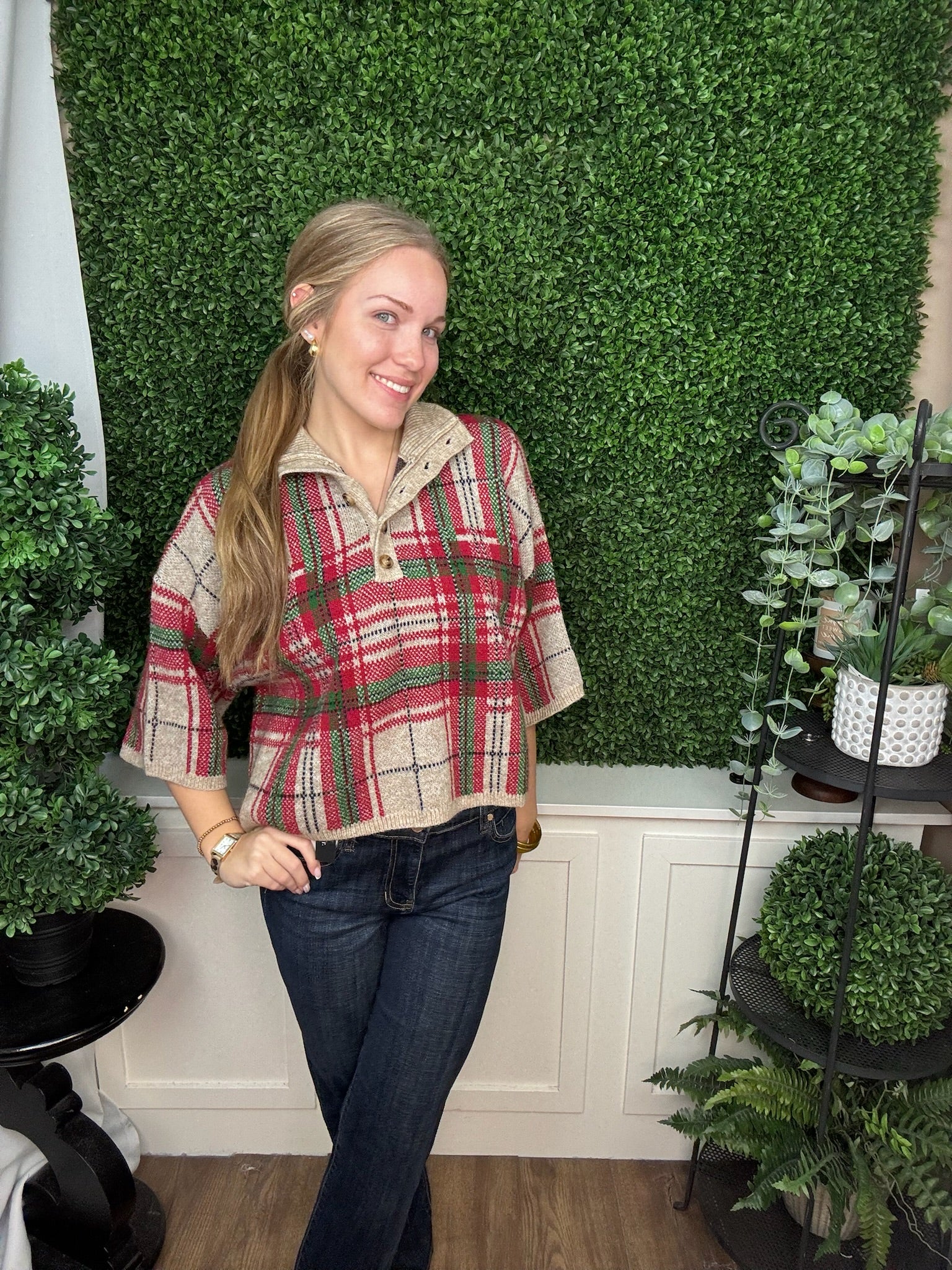 PLAID HOODED BUTTON FRONT KNIT SWEATER - TAUPE