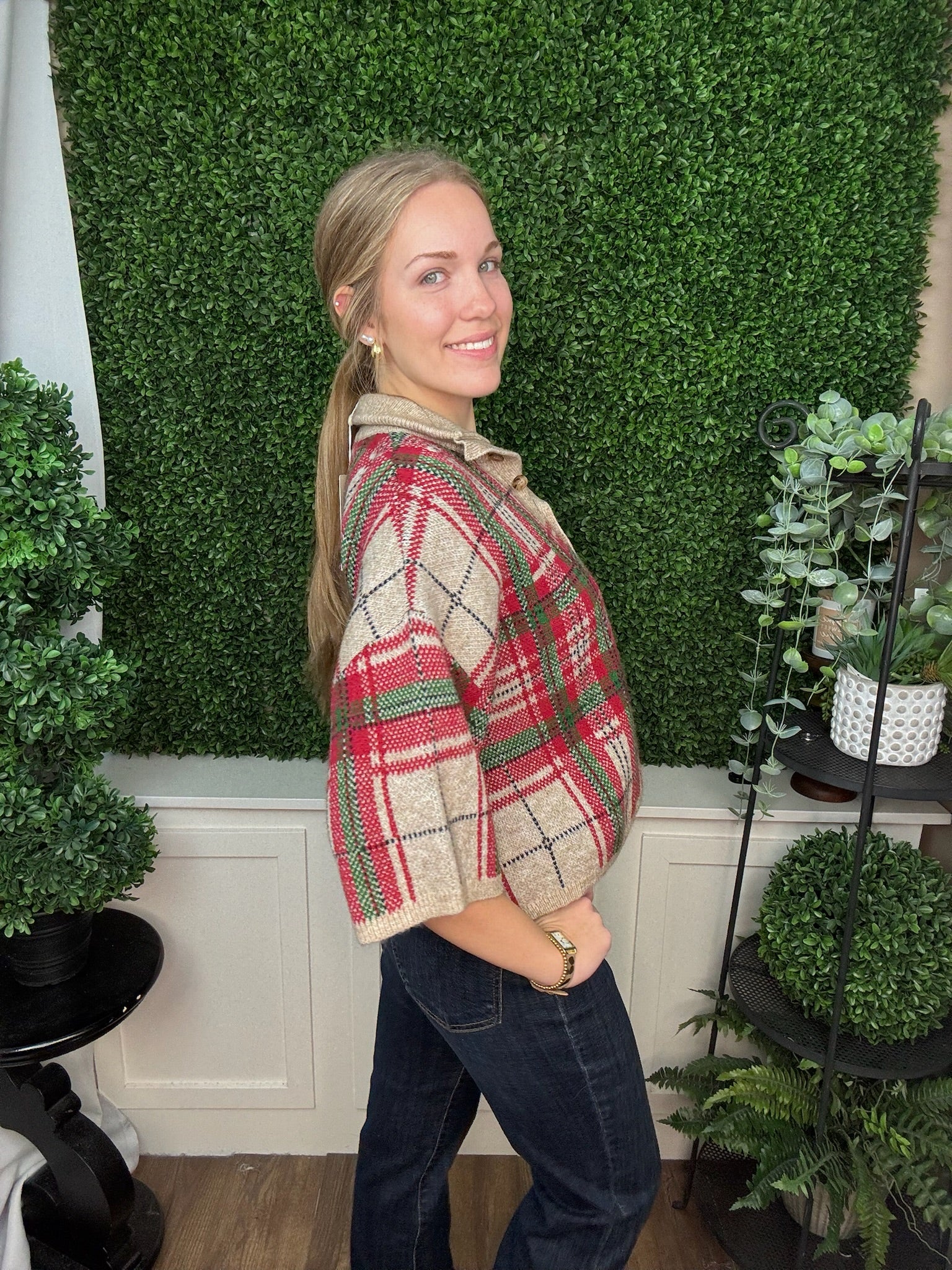 PLAID HOODED BUTTON FRONT KNIT SWEATER - TAUPE