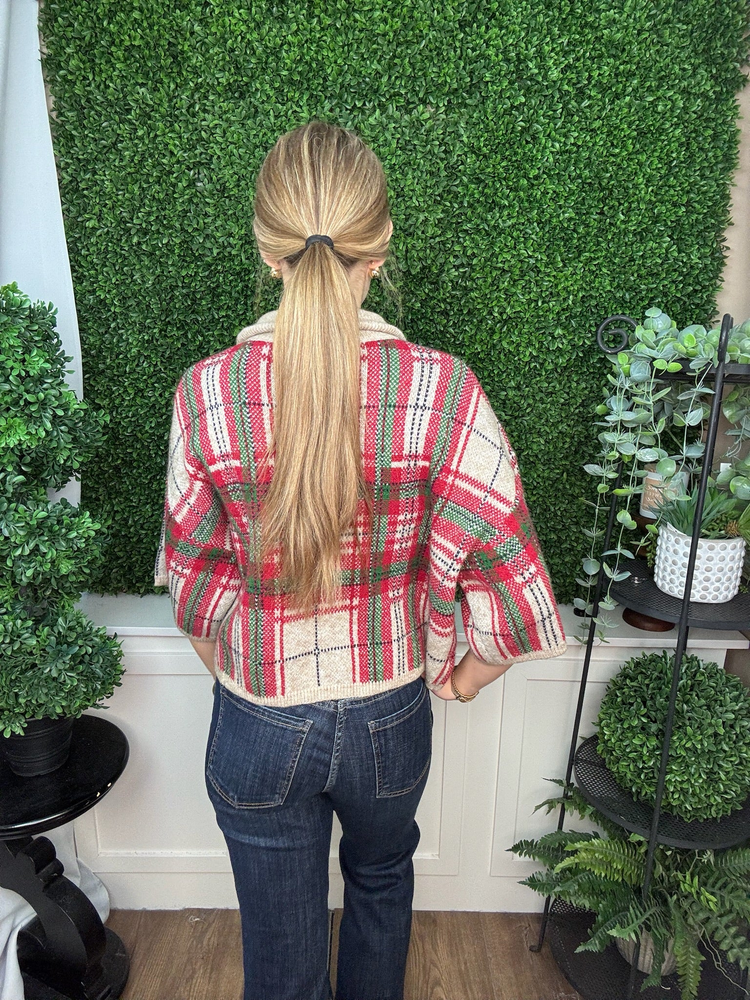PLAID HOODED BUTTON FRONT KNIT SWEATER - TAUPE