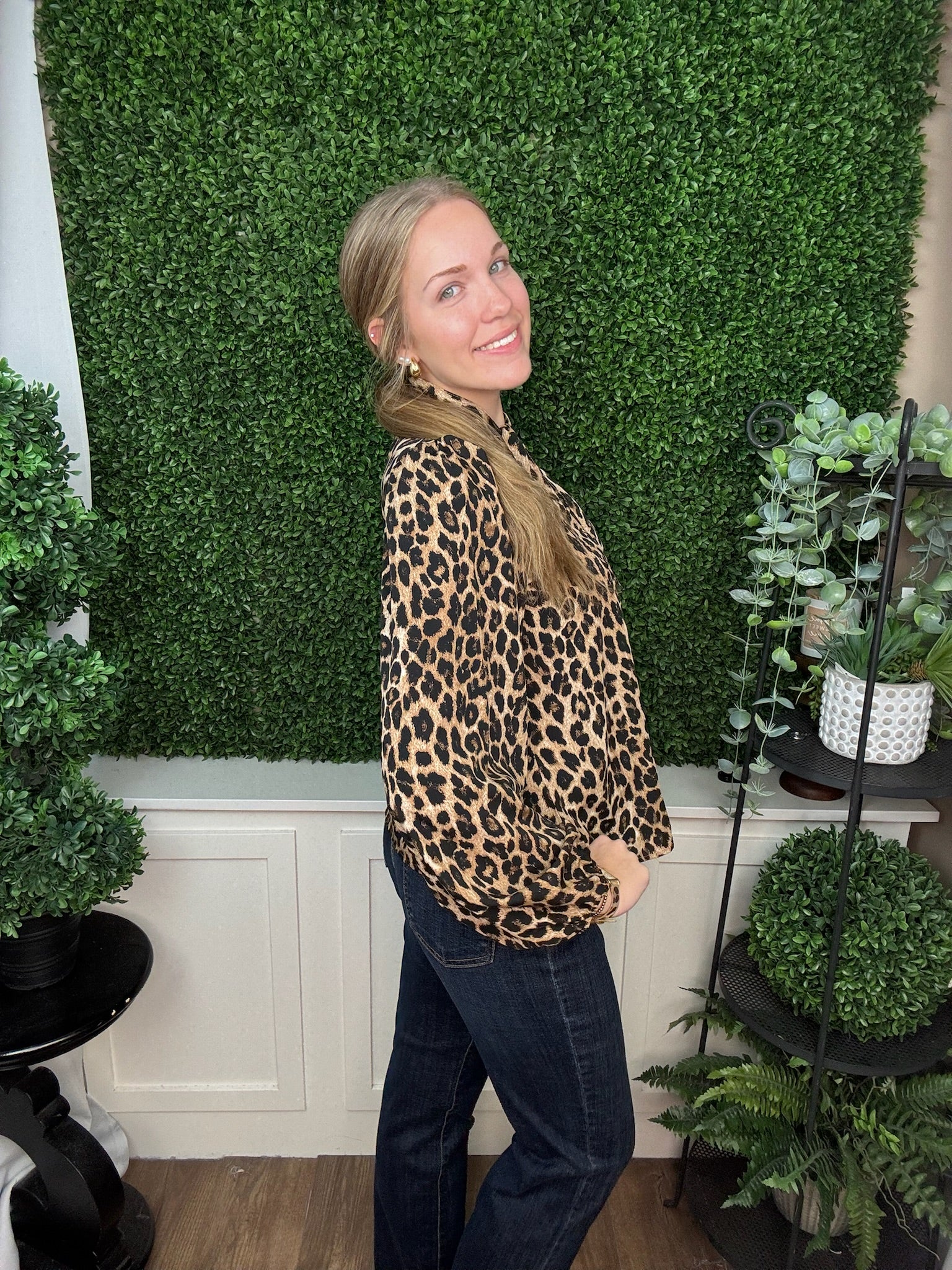 LONG SLEEVE WOVEN ANIMAL PRINT NECK BOW TOP - TAUPE